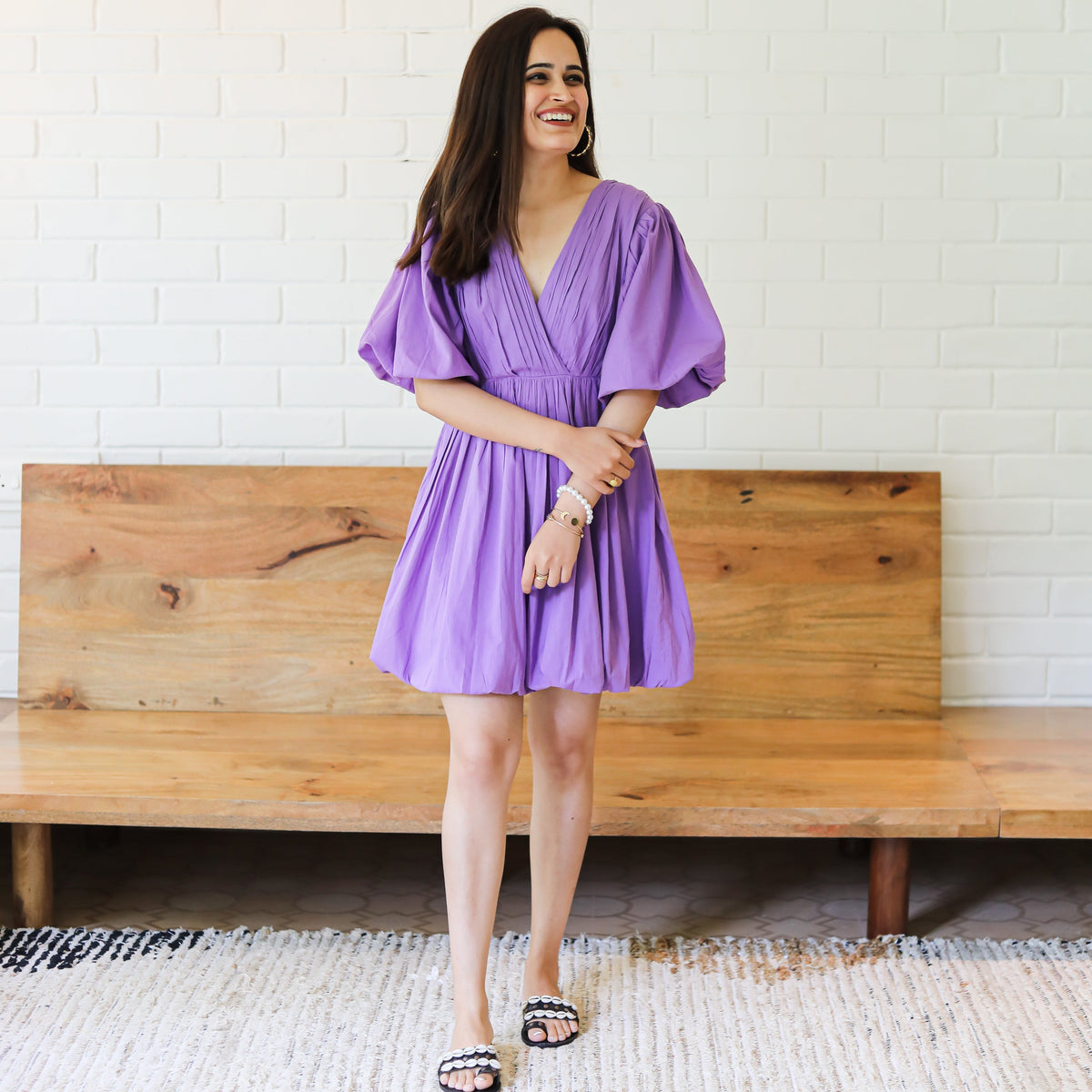 Buy Ordinaree English Lavender Designer V neck Short Cotton Dress For
