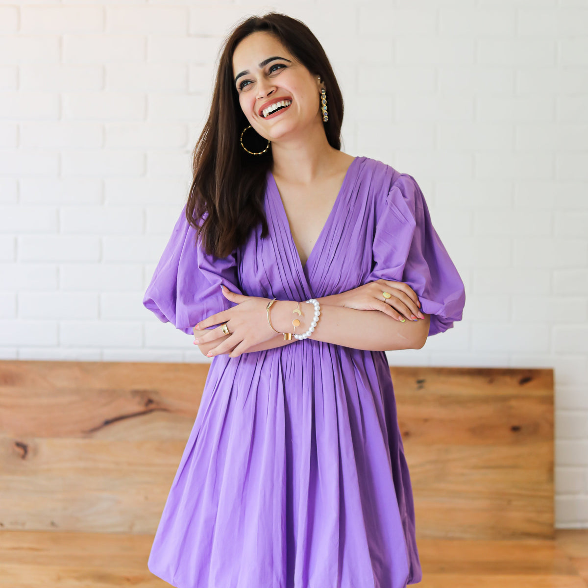 Buy Ordinaree English Lavender Designer V neck Short Cotton Dress For