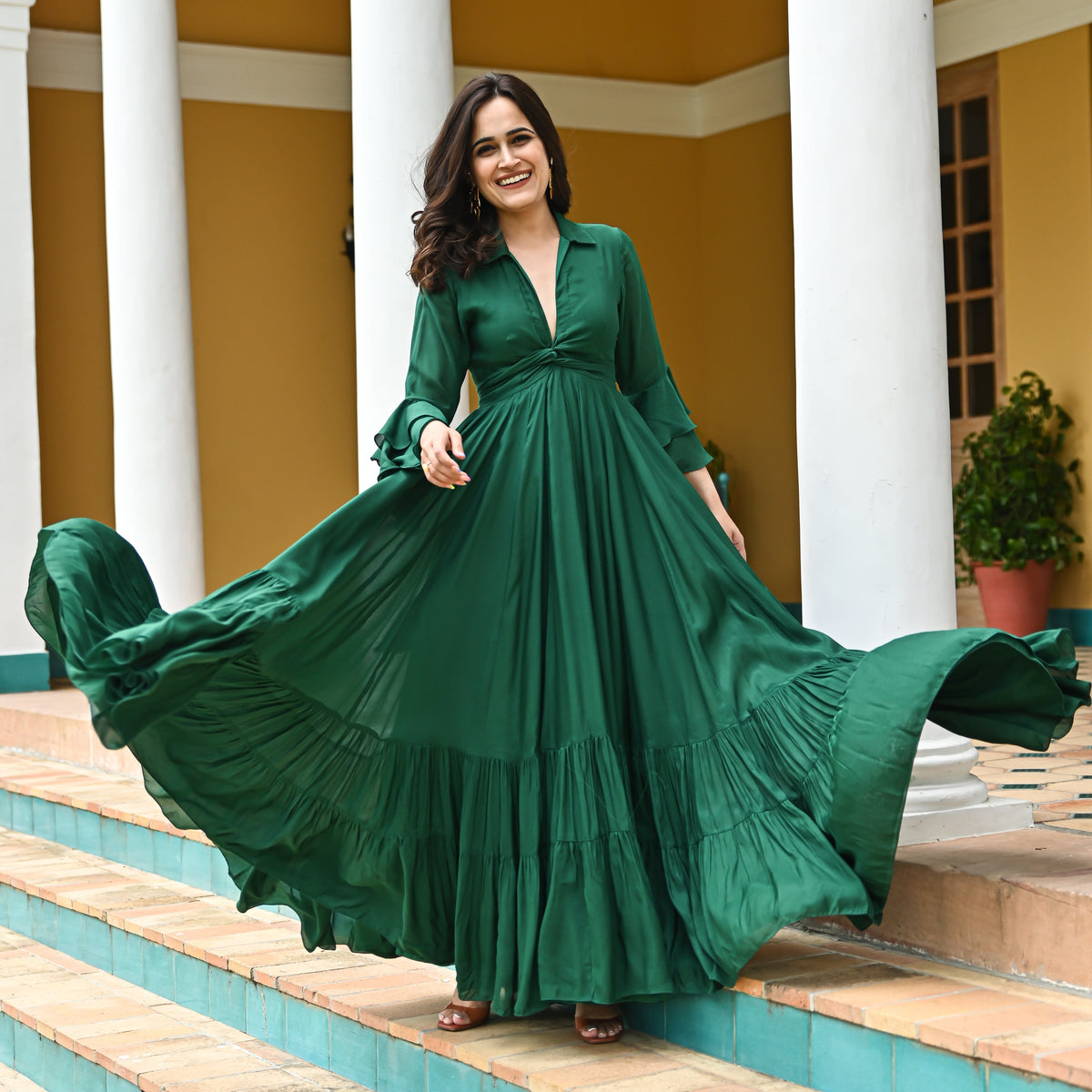 Buy Ordinaree Evergreen Green Designer Full Sleeve Long Dress For