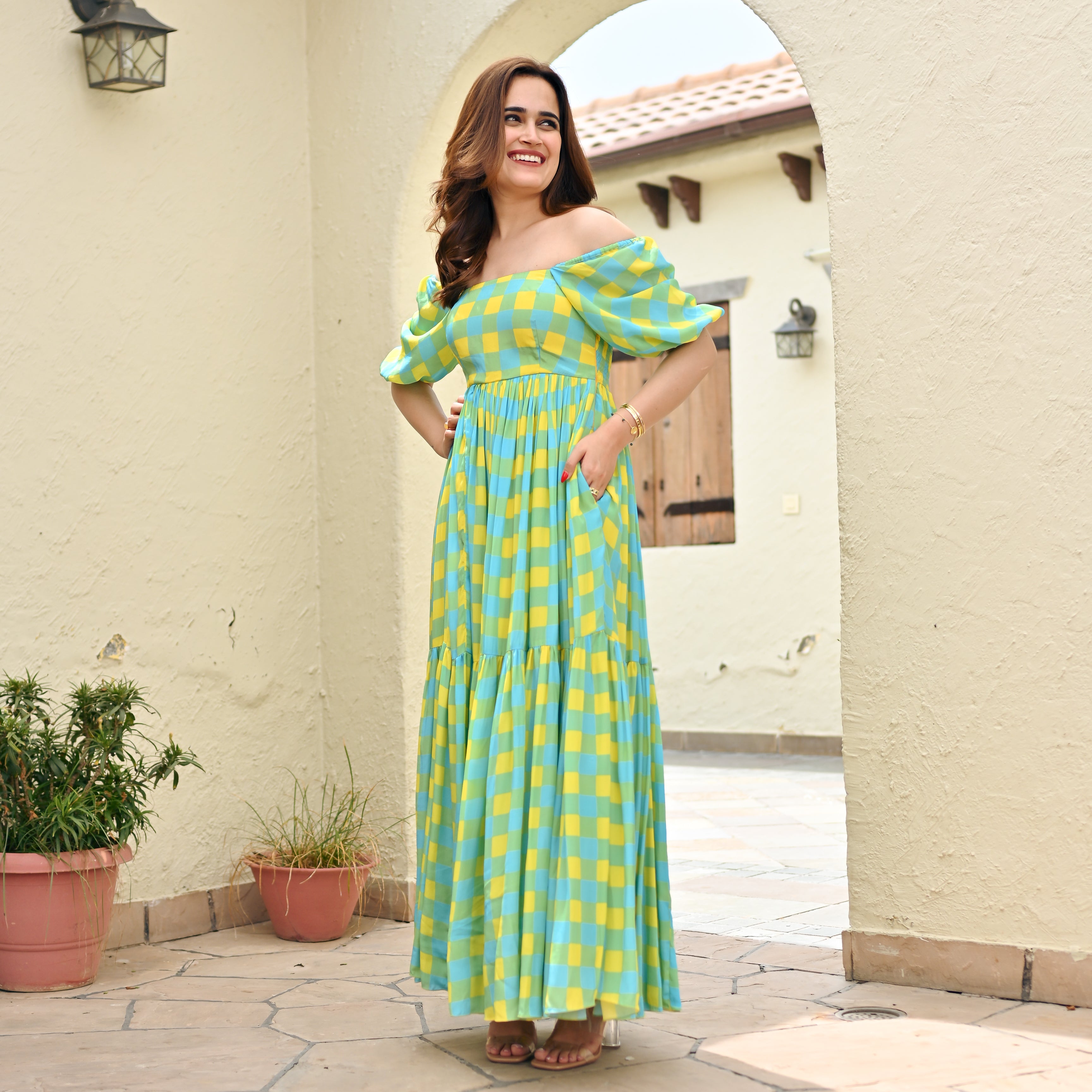 Checkered Flared Long Dress