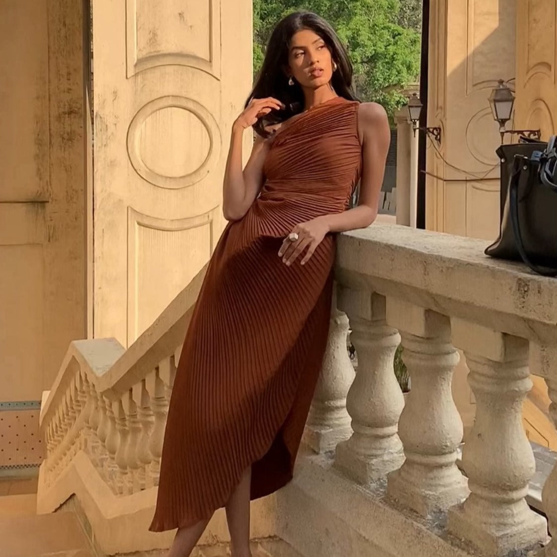 Walnut One-Shoulder Dress