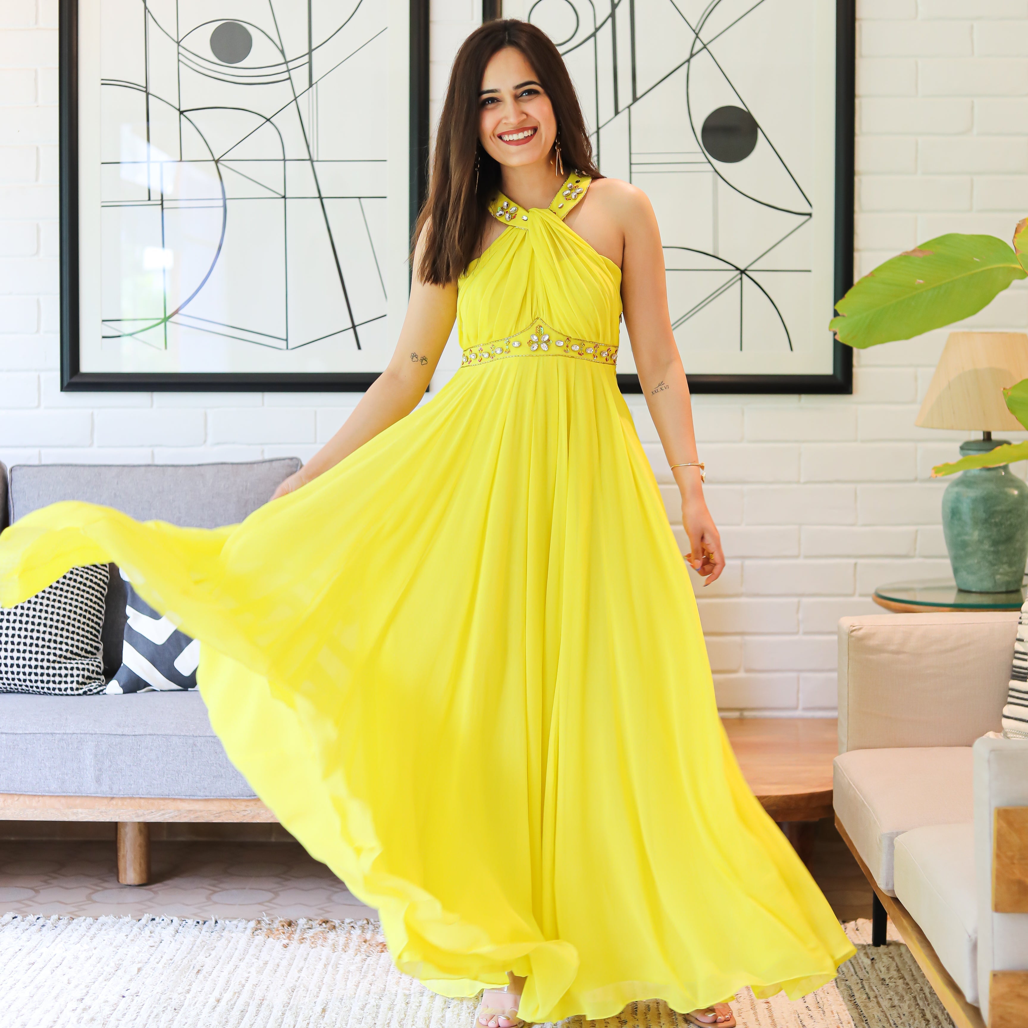 Buy Ordinaree Limelight Yellow Designer Georgette Dress For Women
