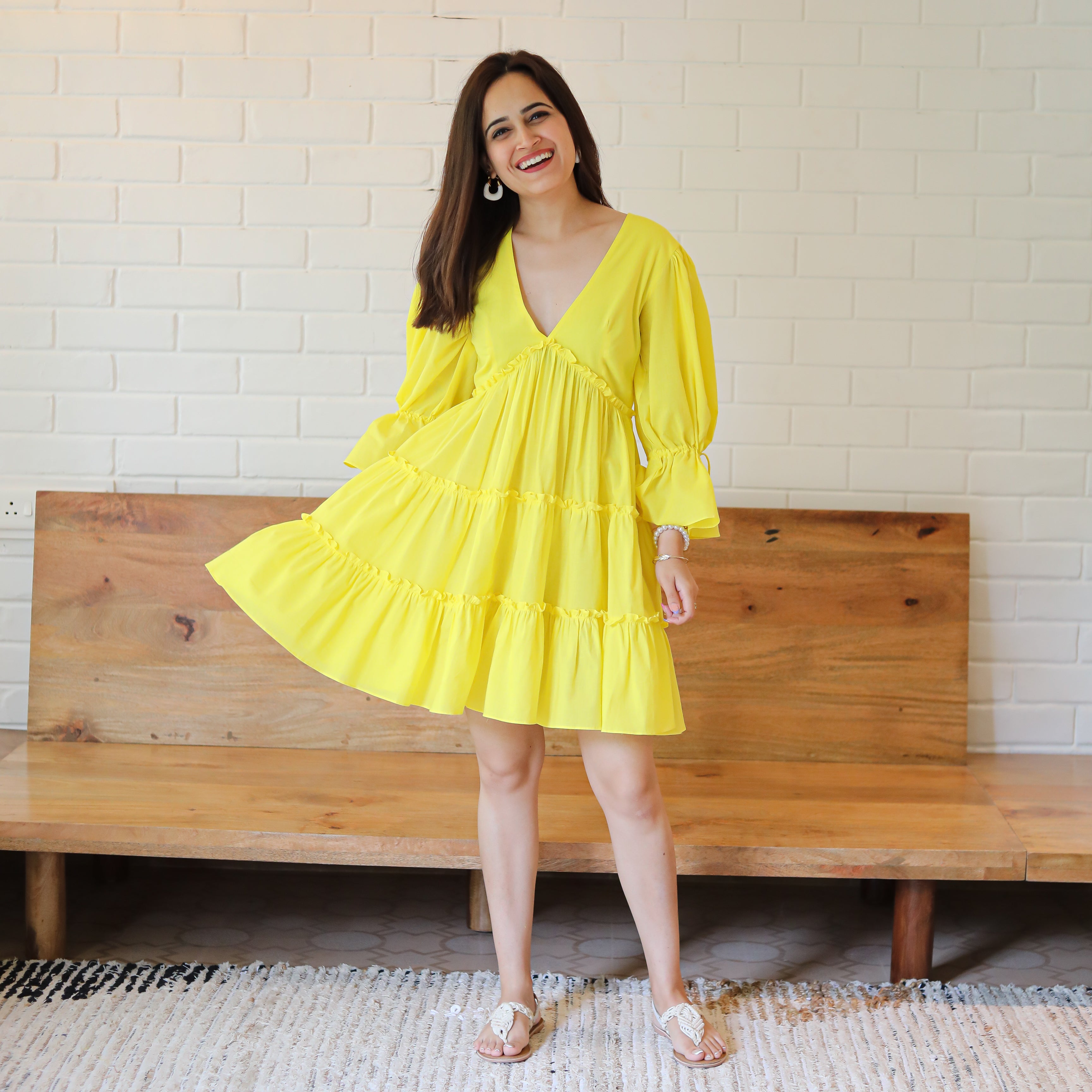 Buttercup Tiered Yellow Designer Short Dress For Women Online