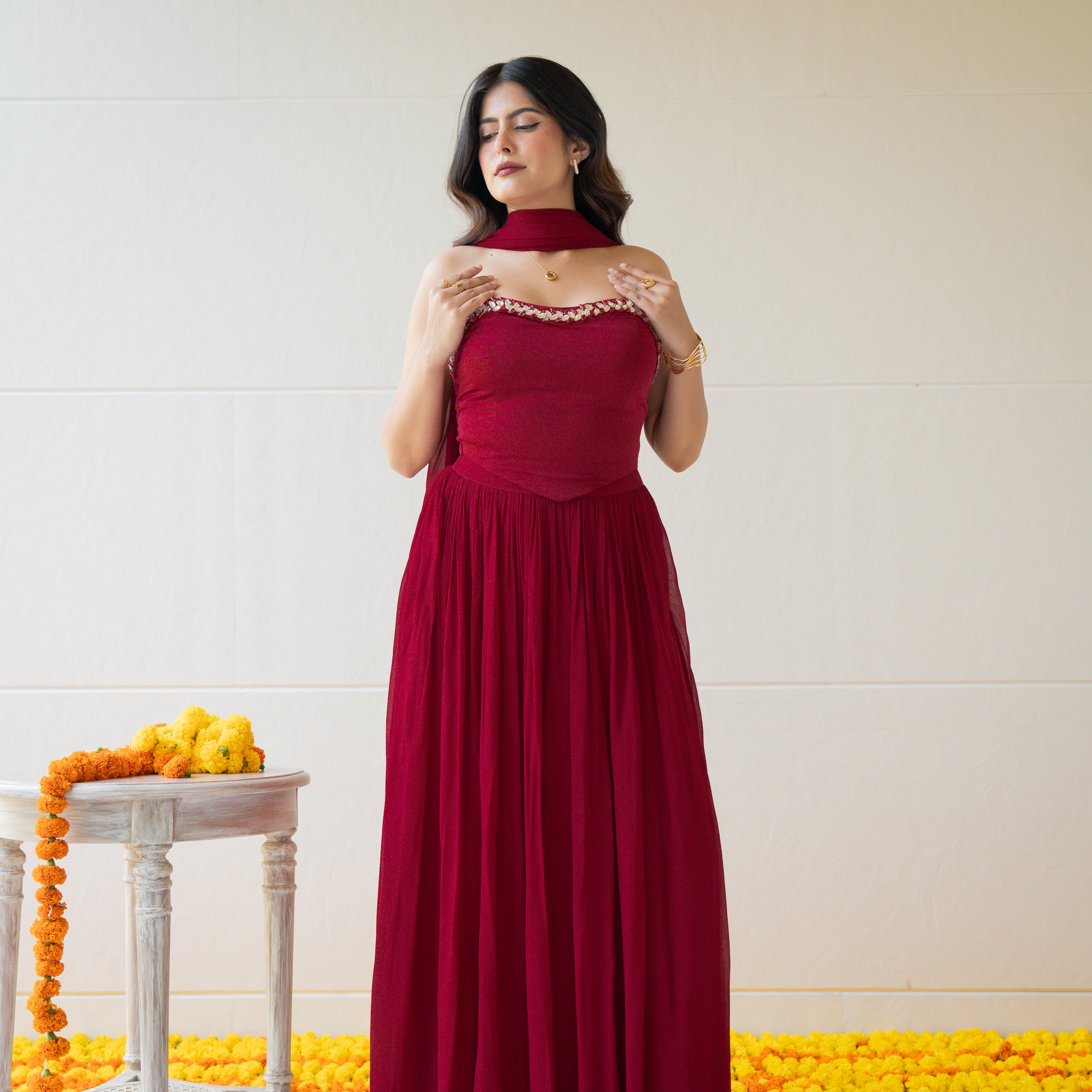 Burgundy Bloom Skirt Set