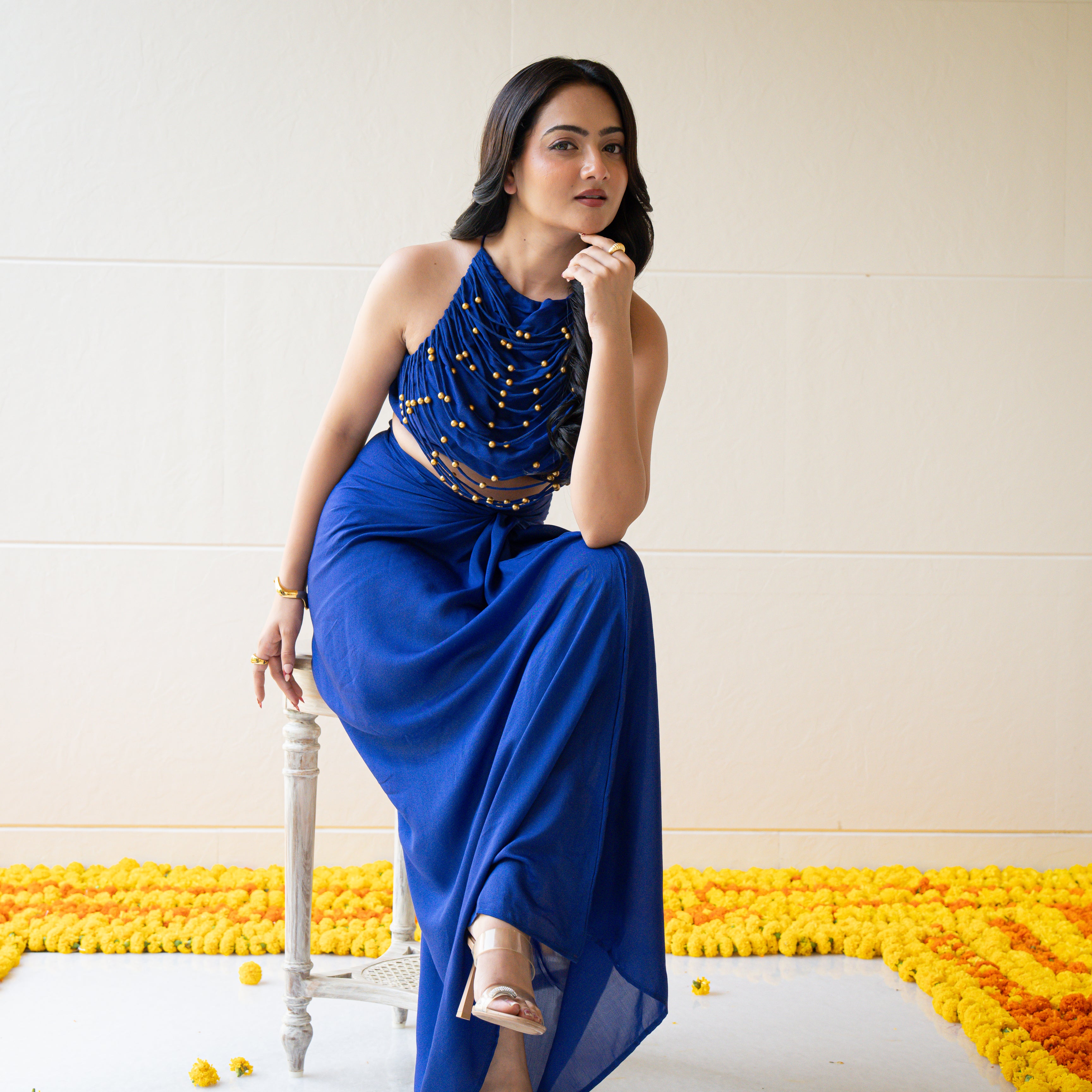 Electric Blue Drape Skirt Set
