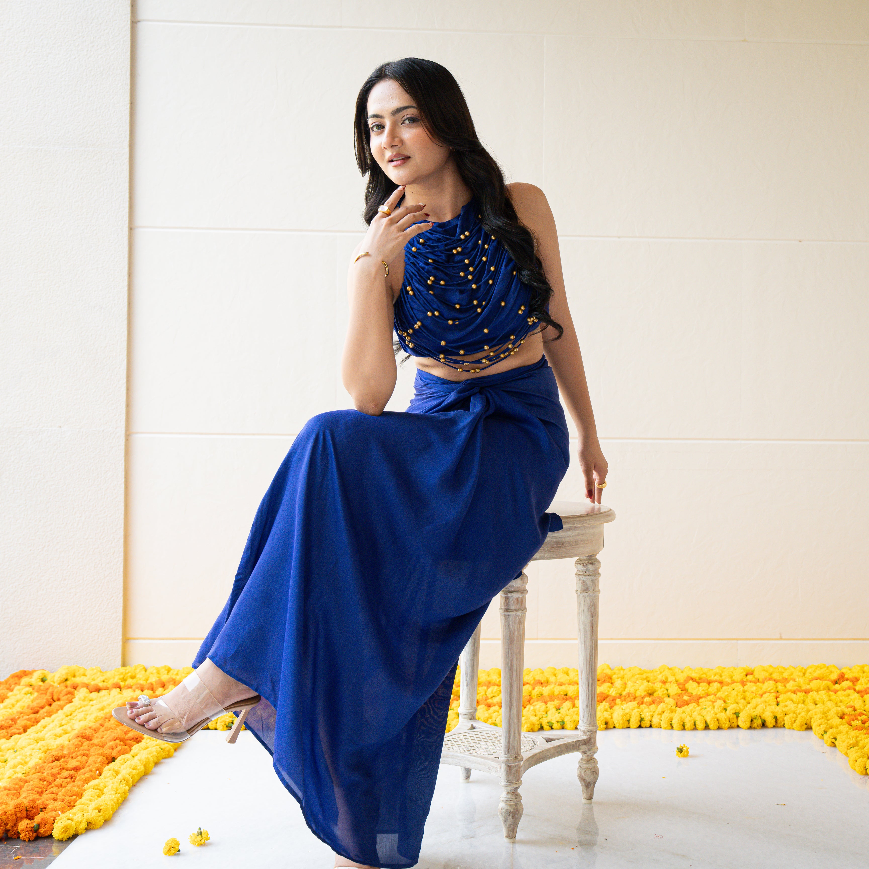 Electric Blue Drape Skirt Set