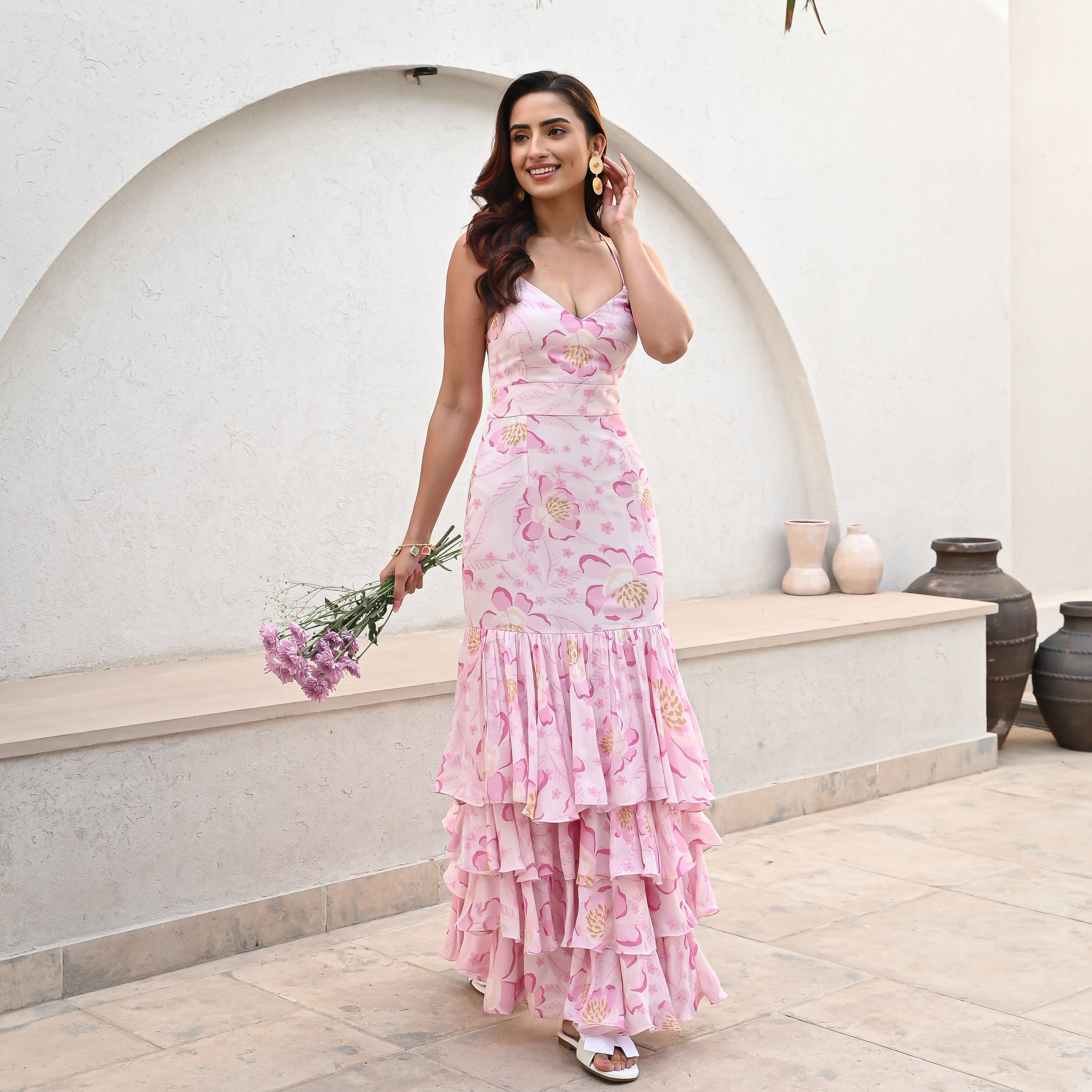 Petal Tiered Elegance Pink long dress for women online