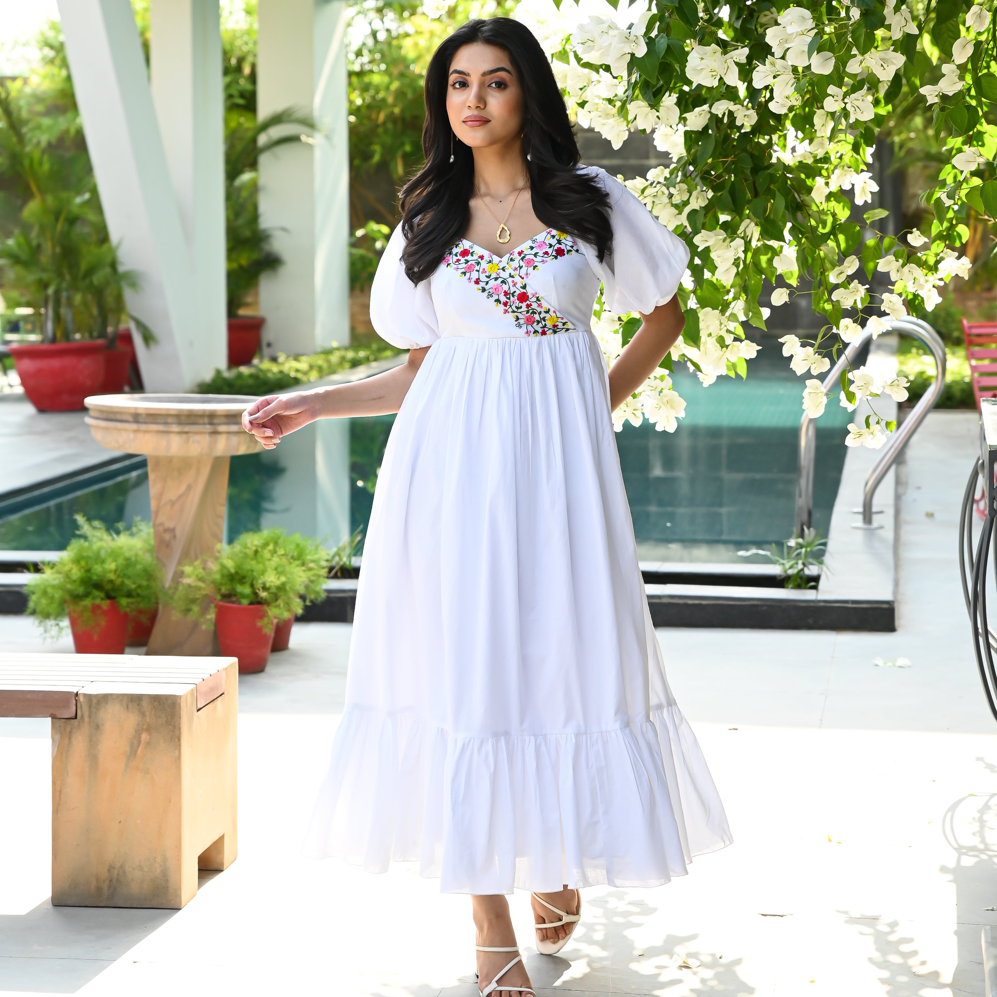 Frosty Fantasy White Puff Sleeve Cotton Dress For Women Online