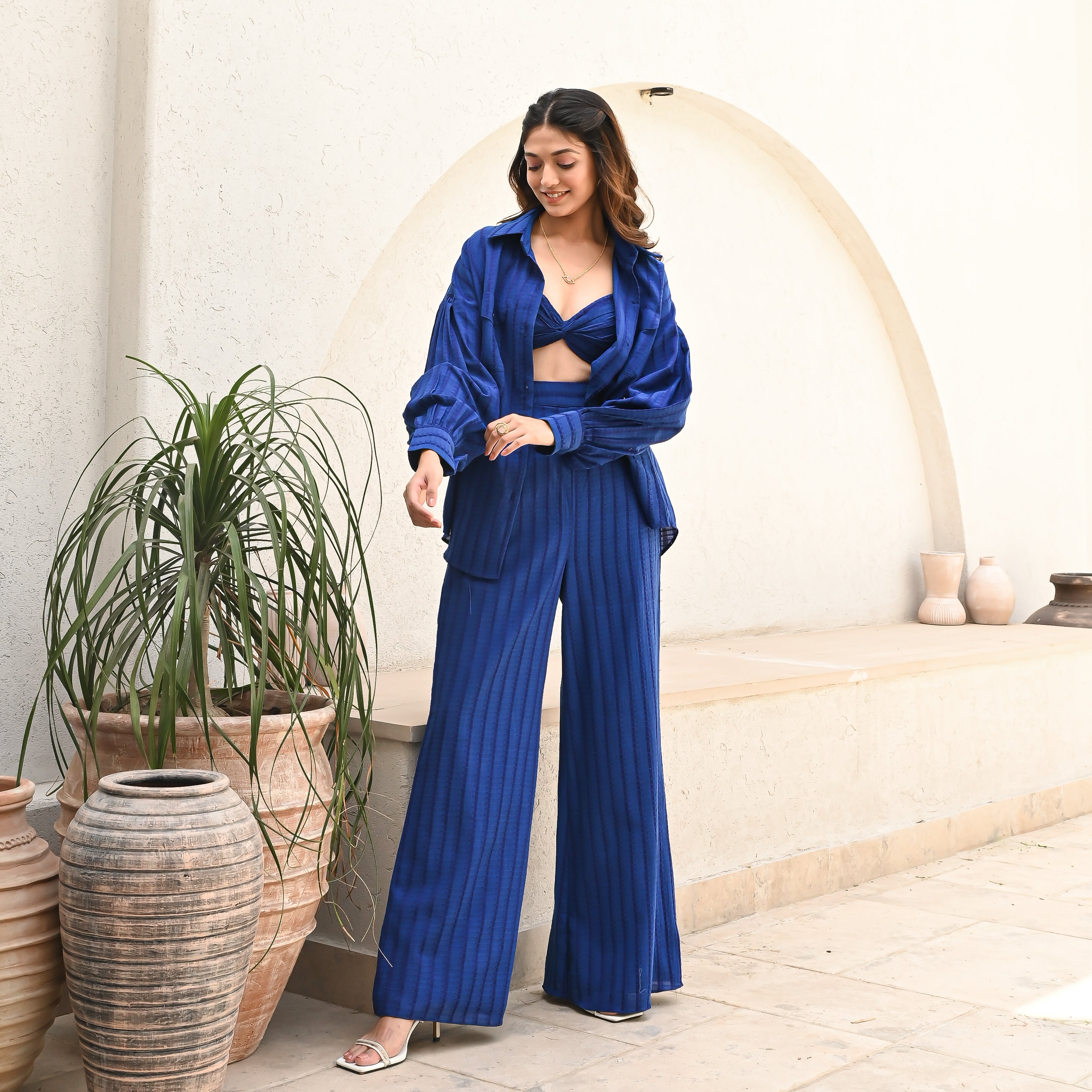 Textured Blue Designer Cotton Co-Ord Set For Women Online