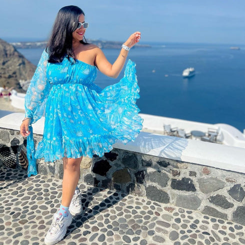 Cyan Blue Off Shoulder Dress