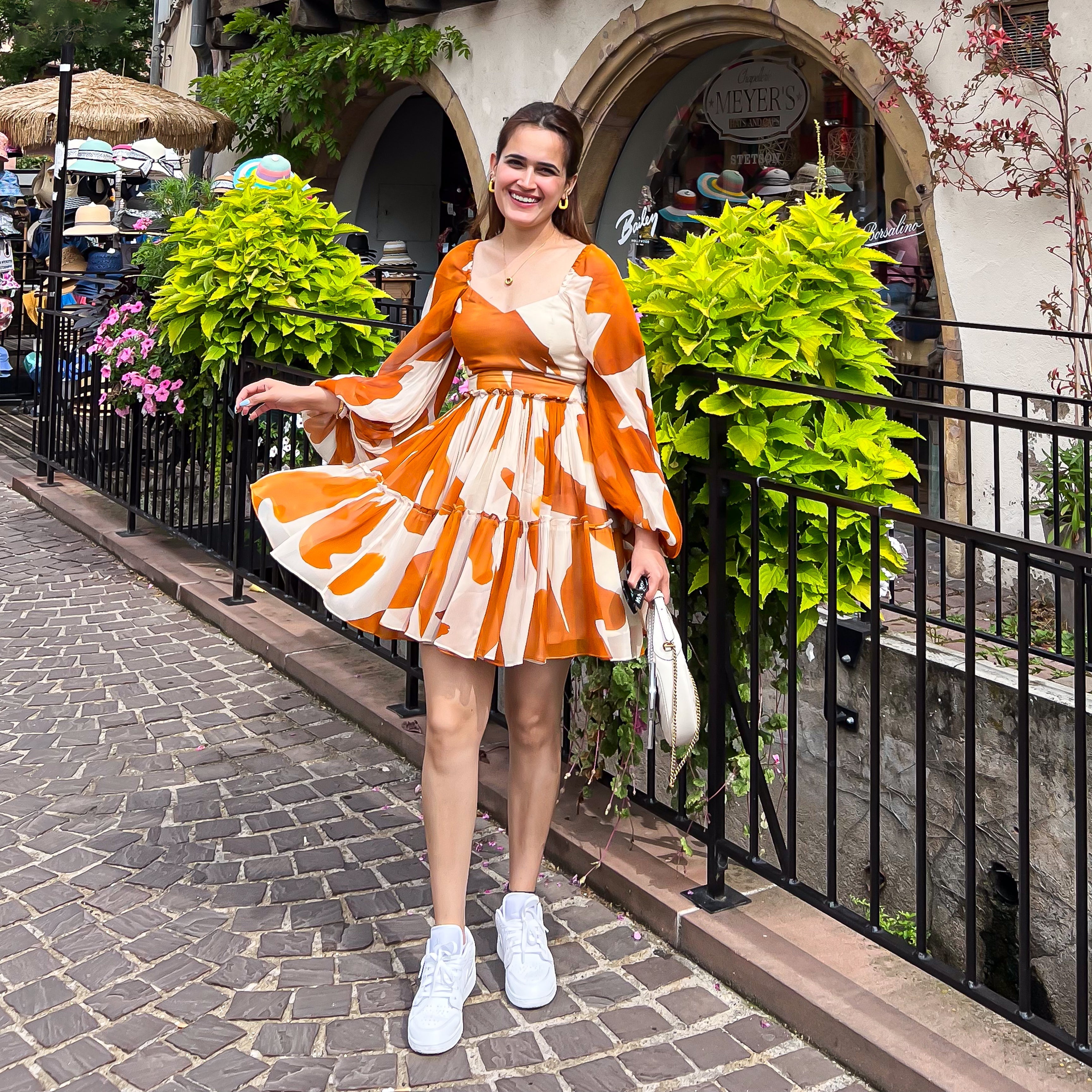 Orange White Handpainted Georgette Dress for Women Online