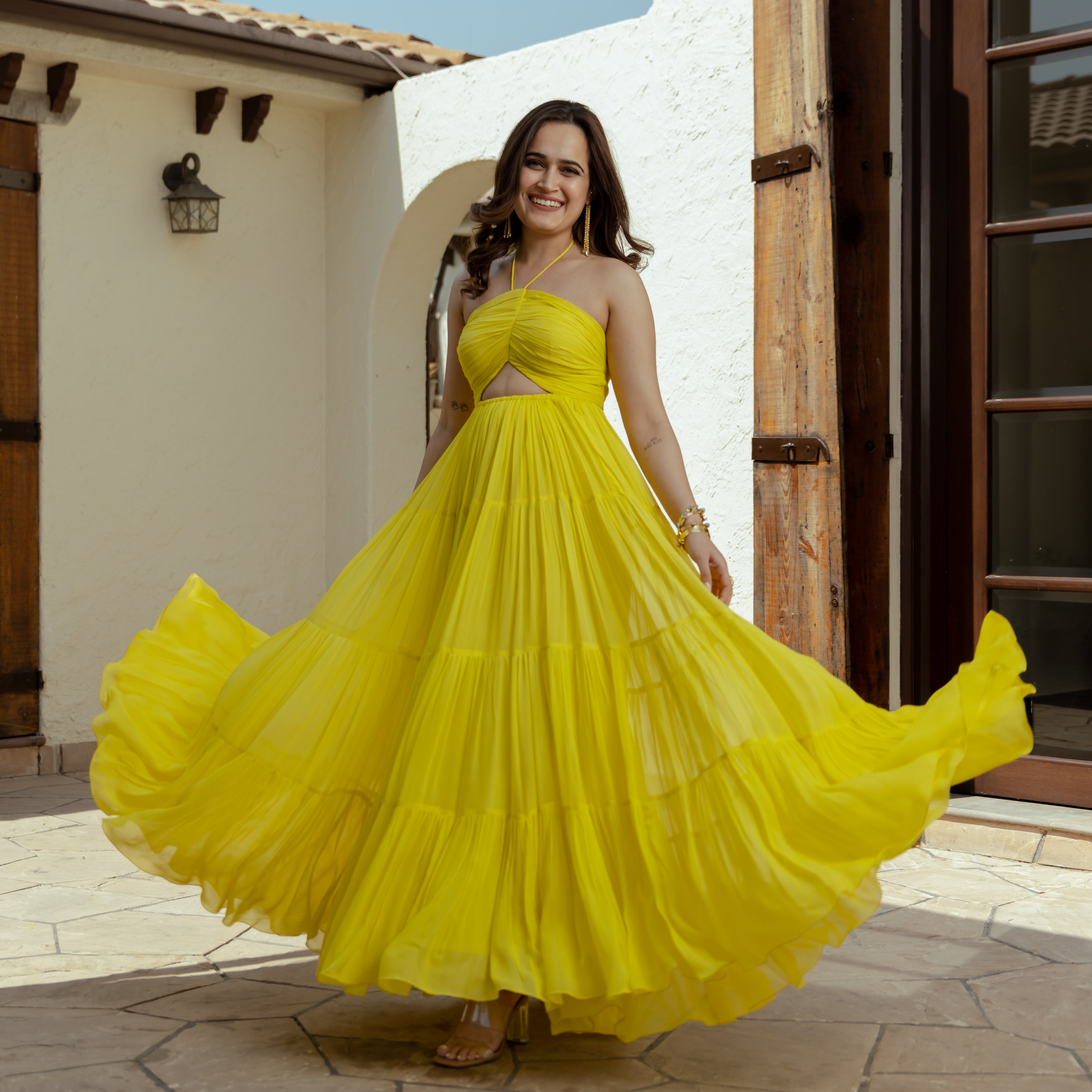 Butterscotch Yellow Long Tiered Dress For Women Online