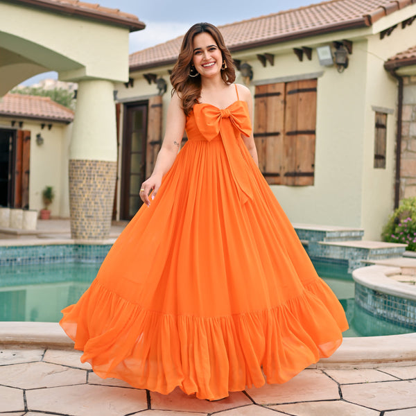 orange western dress for women Women's Orange Color Organza Western Dress Orange / M