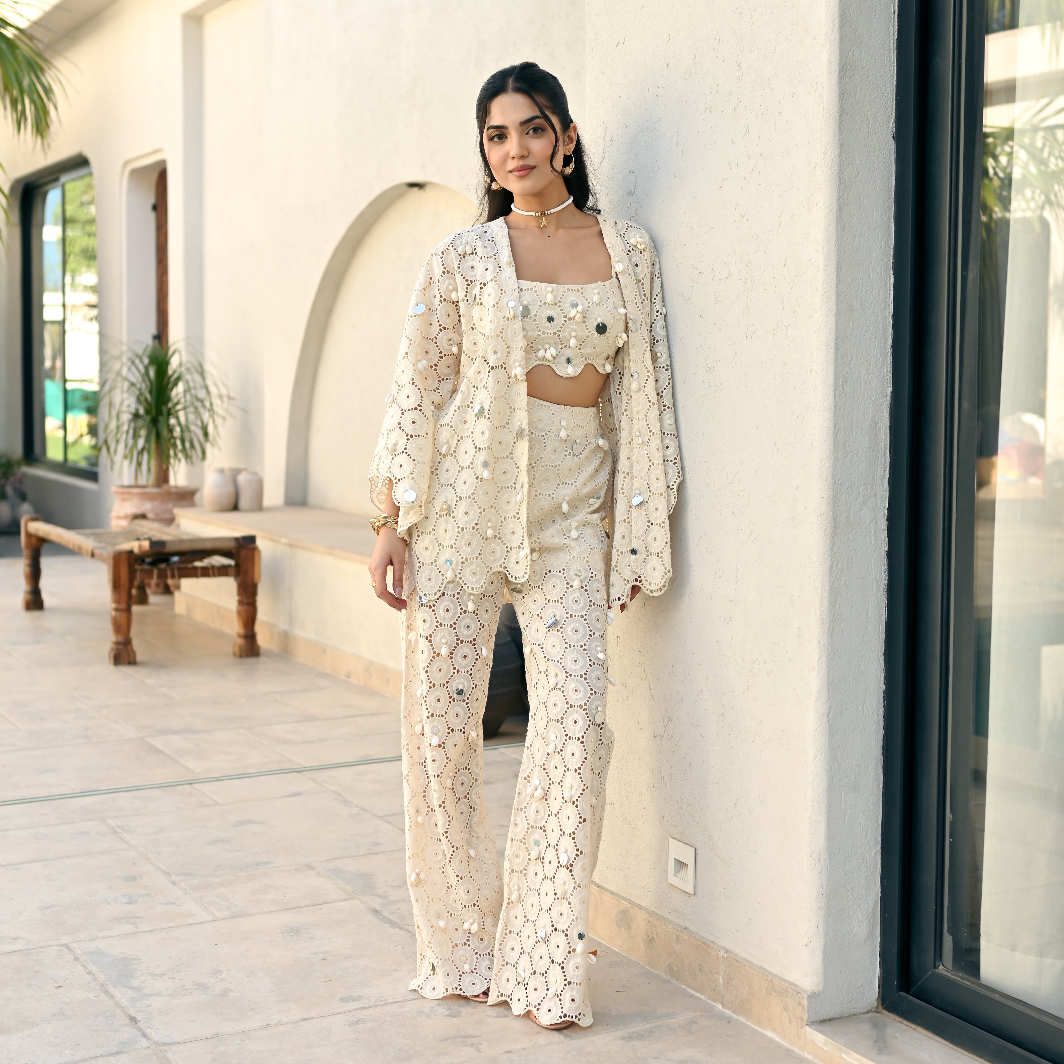 Glass Ivory Schiffli Co-ord Set