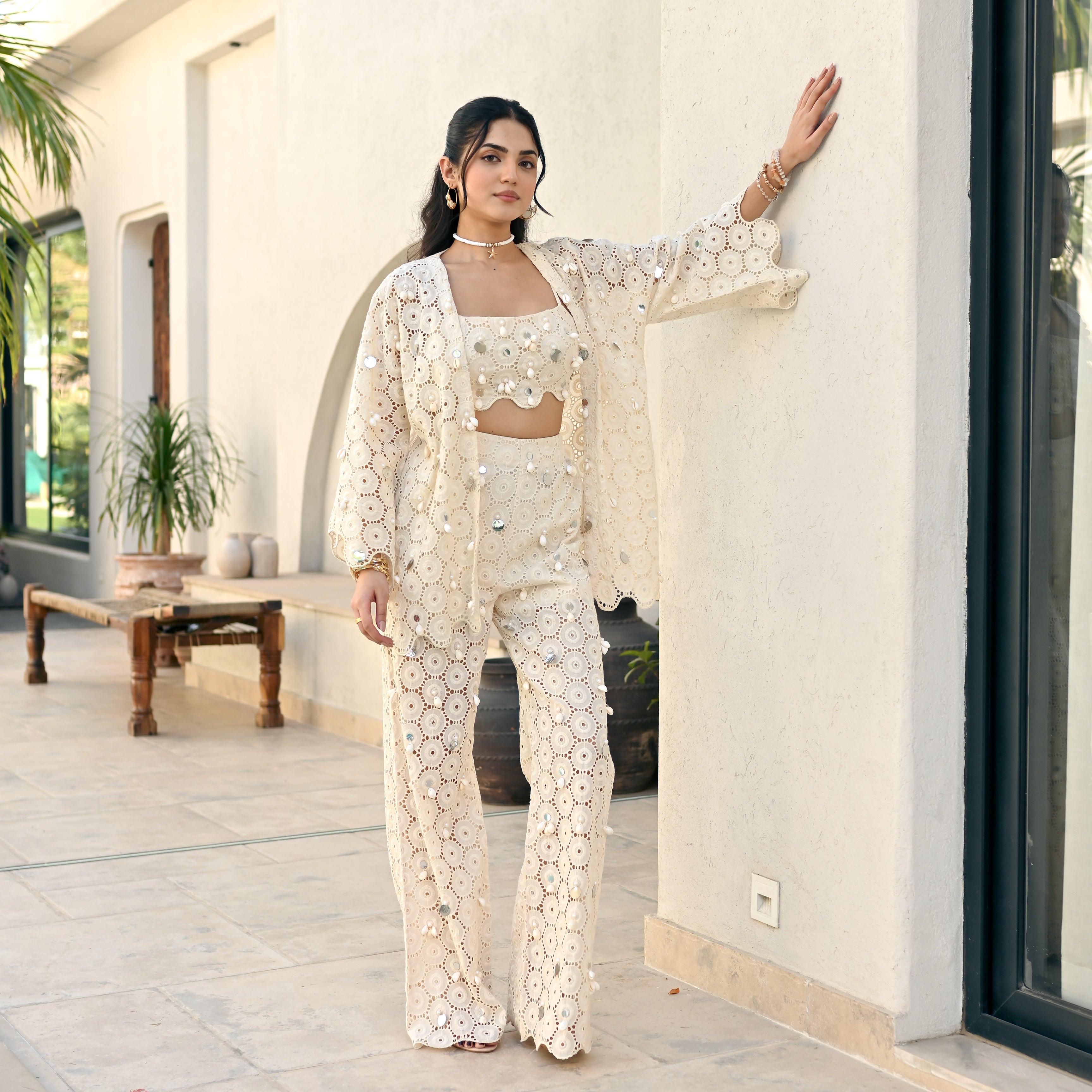 Glass Ivory Schiffli Co-ord Set