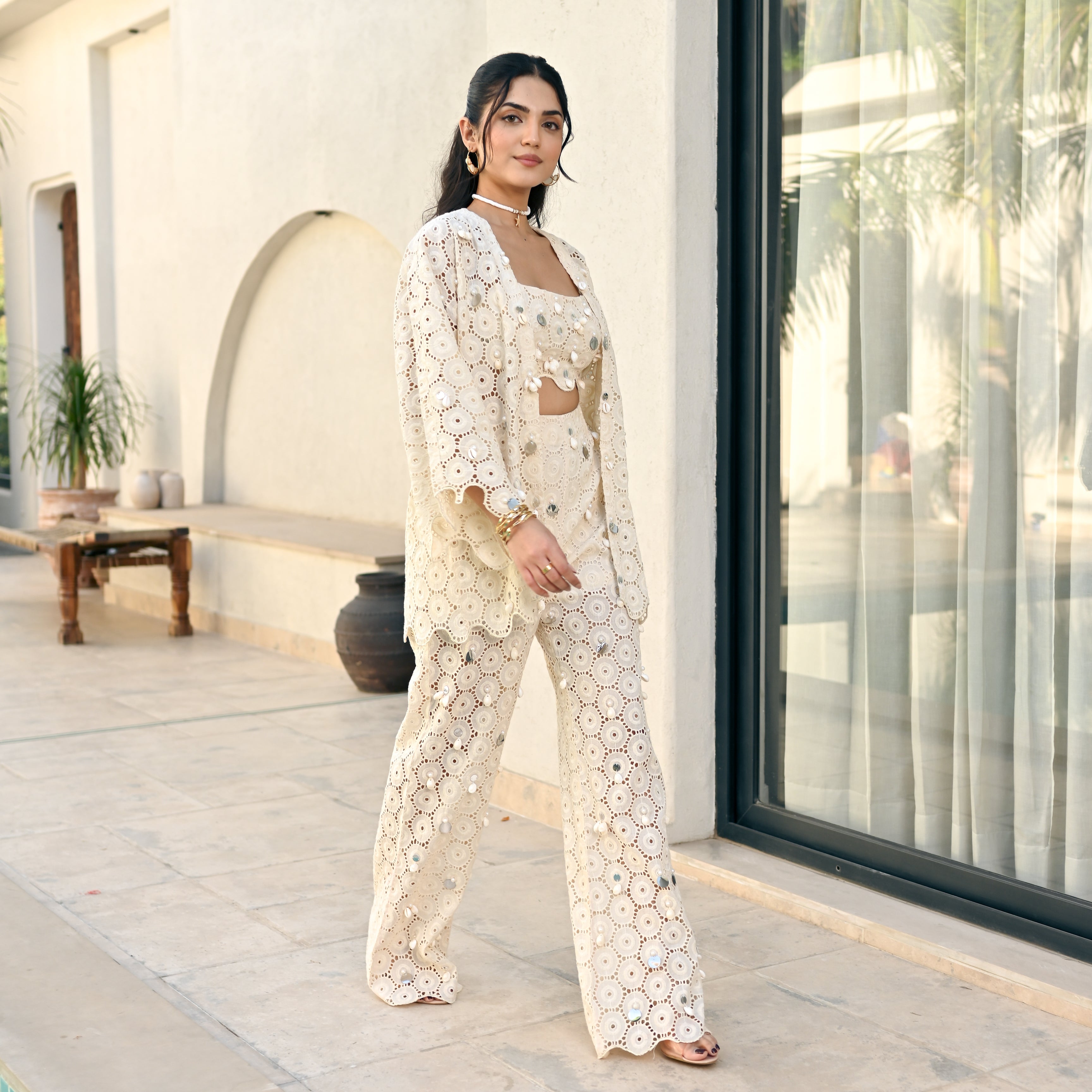 Glass Ivory Schiffli Co-ord Set