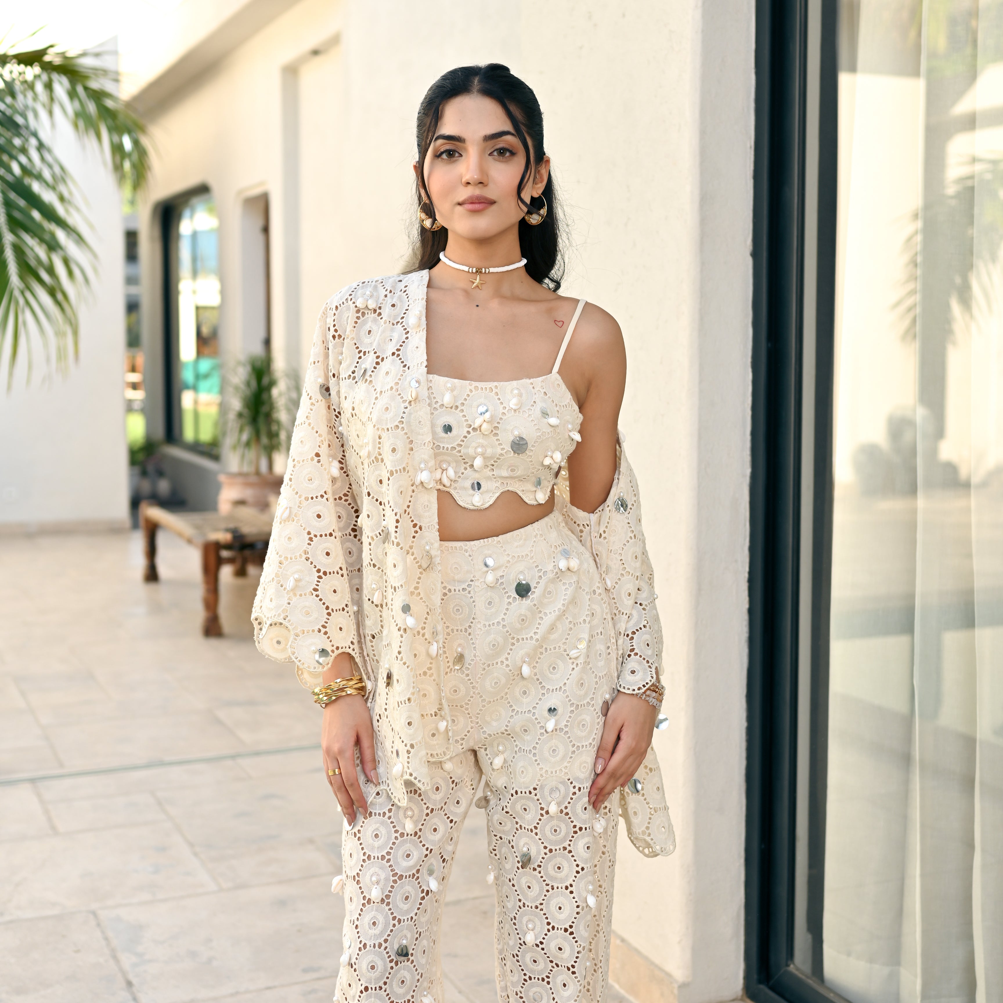 Glass Ivory Schiffli Co-ord Set