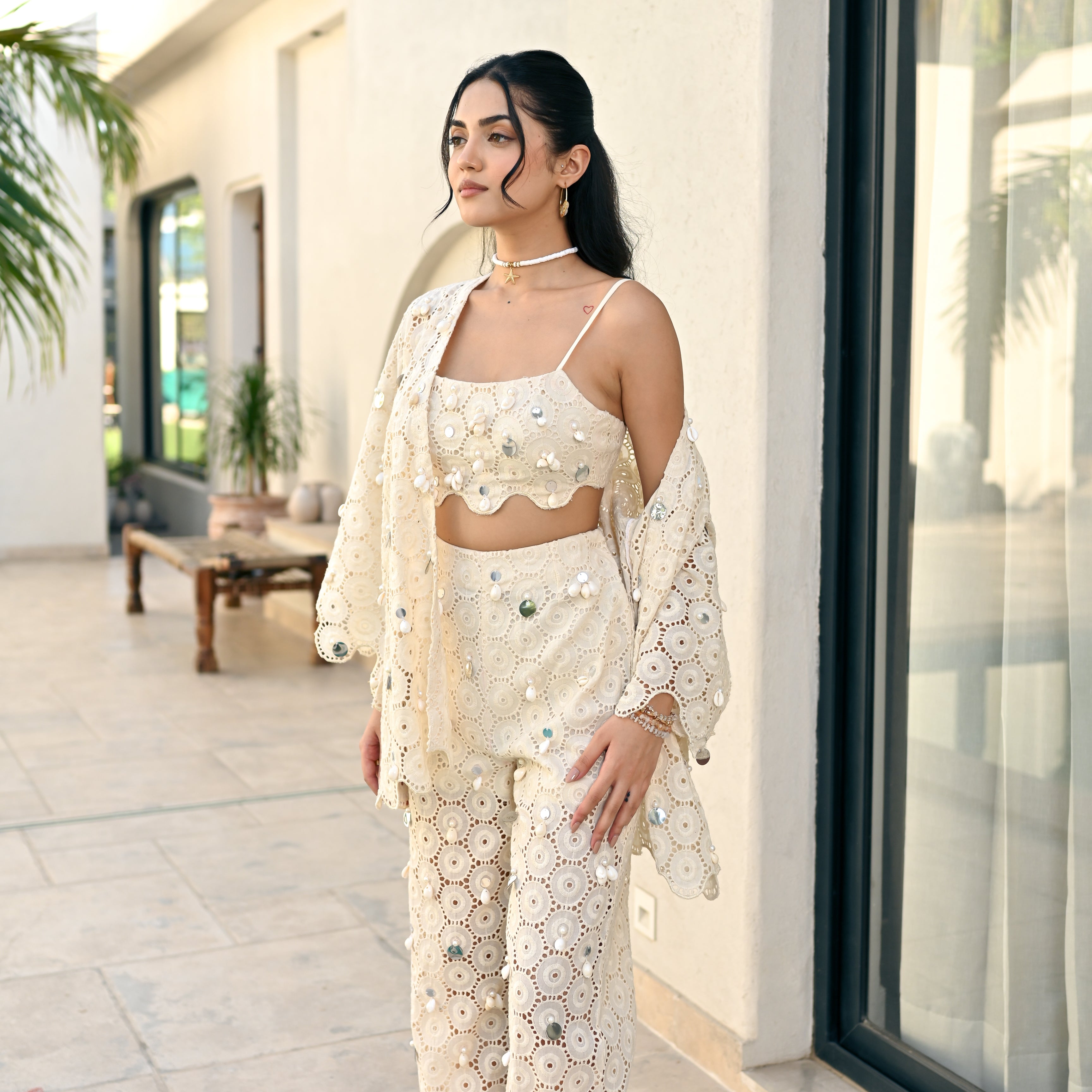Glass Ivory Schiffli Co-ord Set