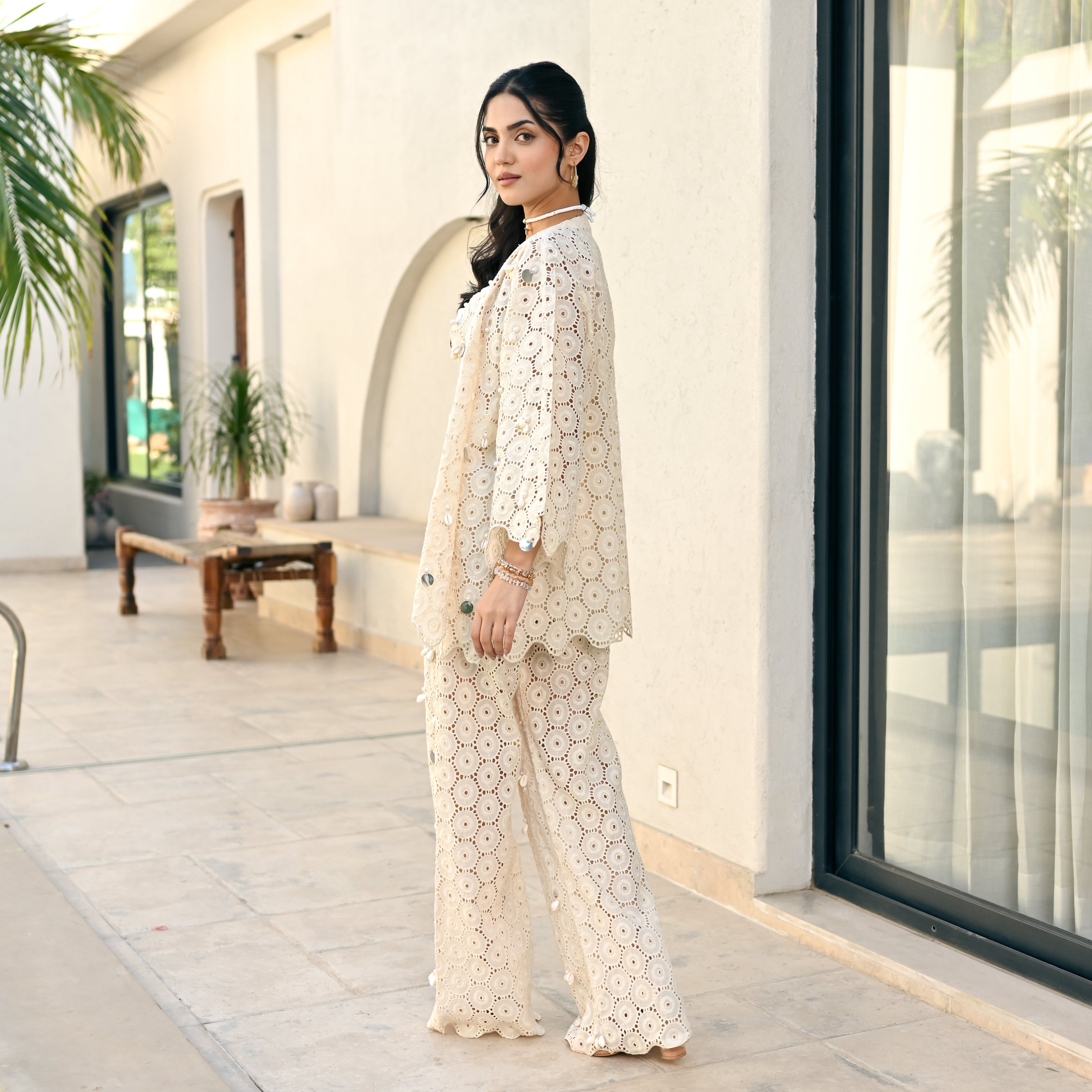 Glass Ivory Schiffli Co-ord Set