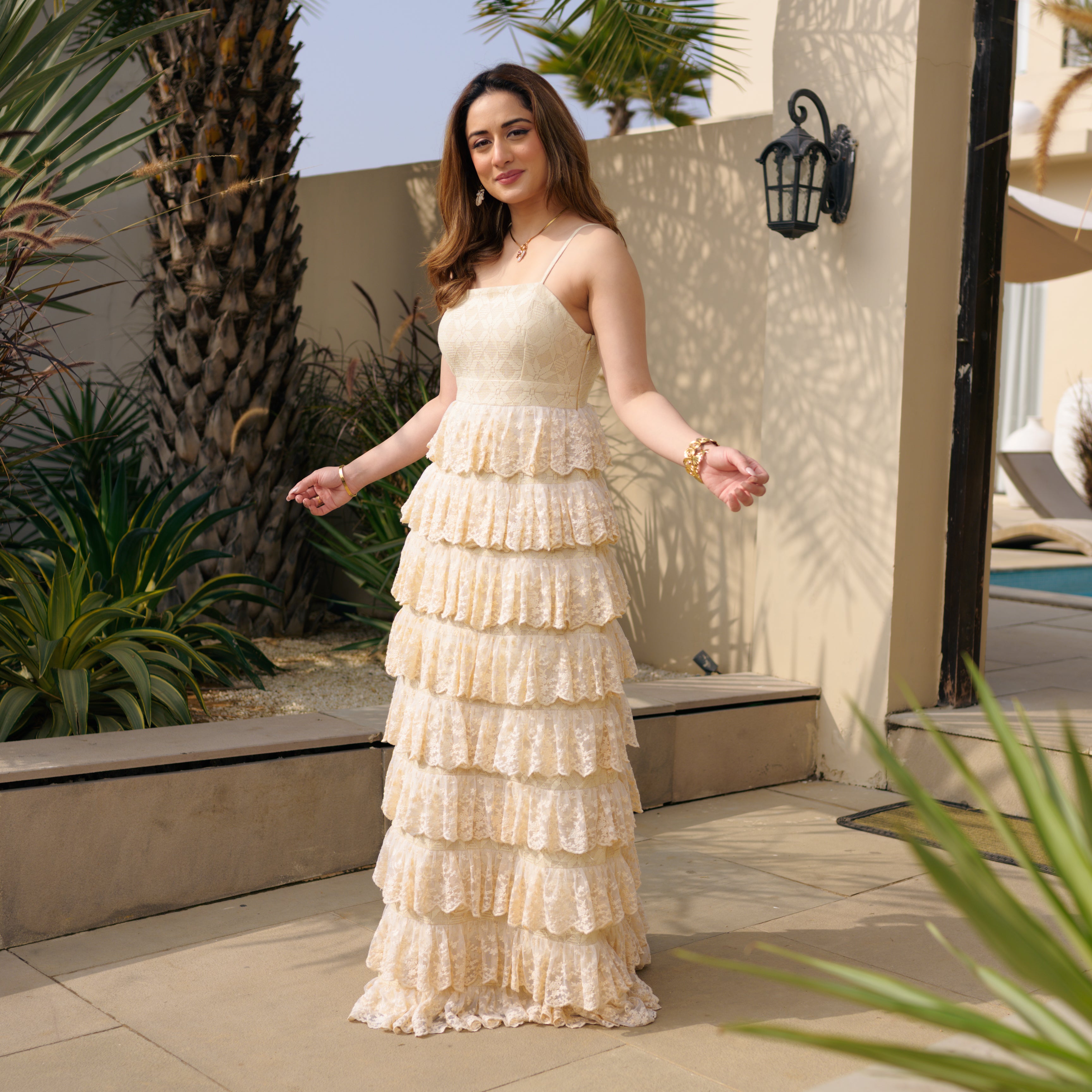 Cascading Lace Long Dress