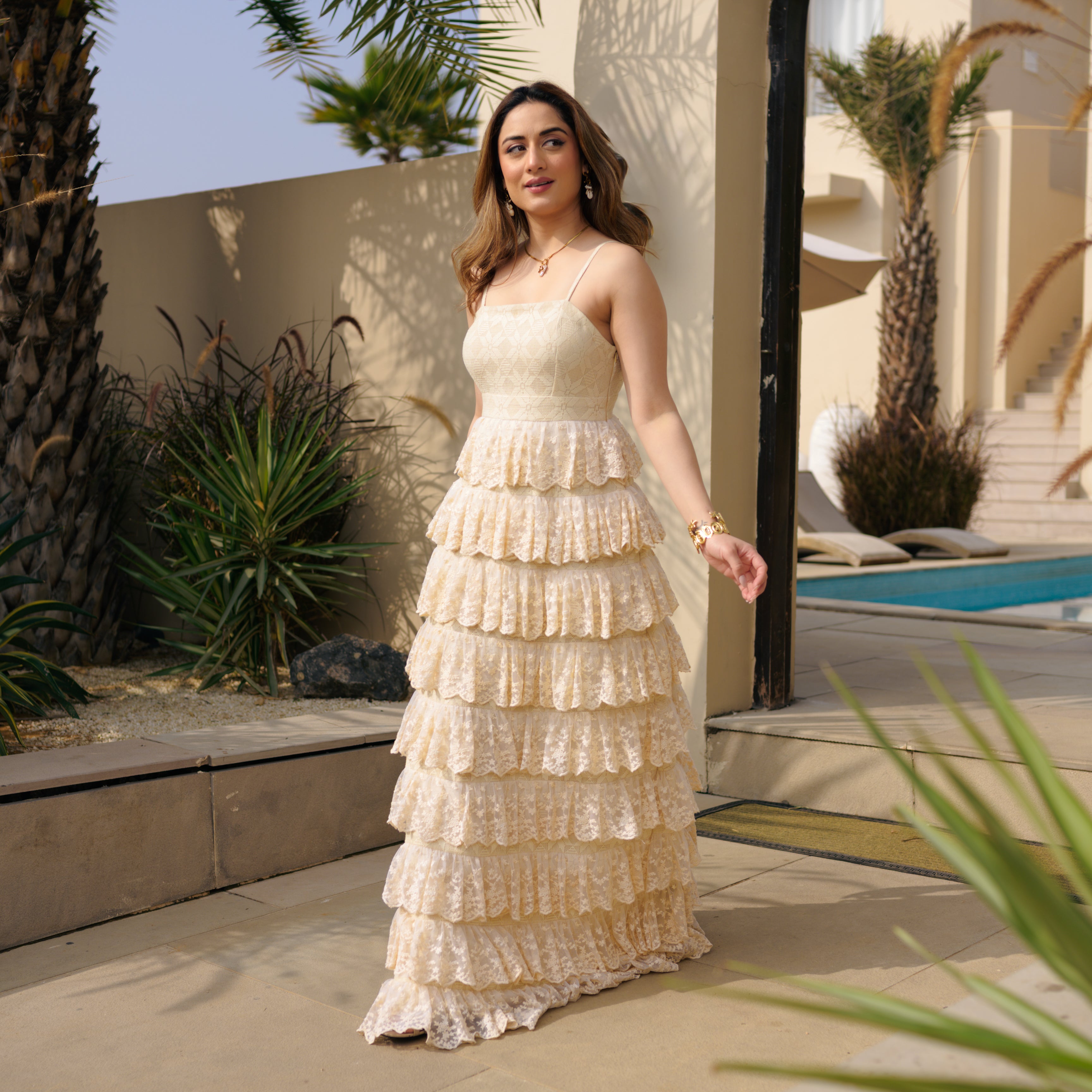 Cascading Lace Long Dress