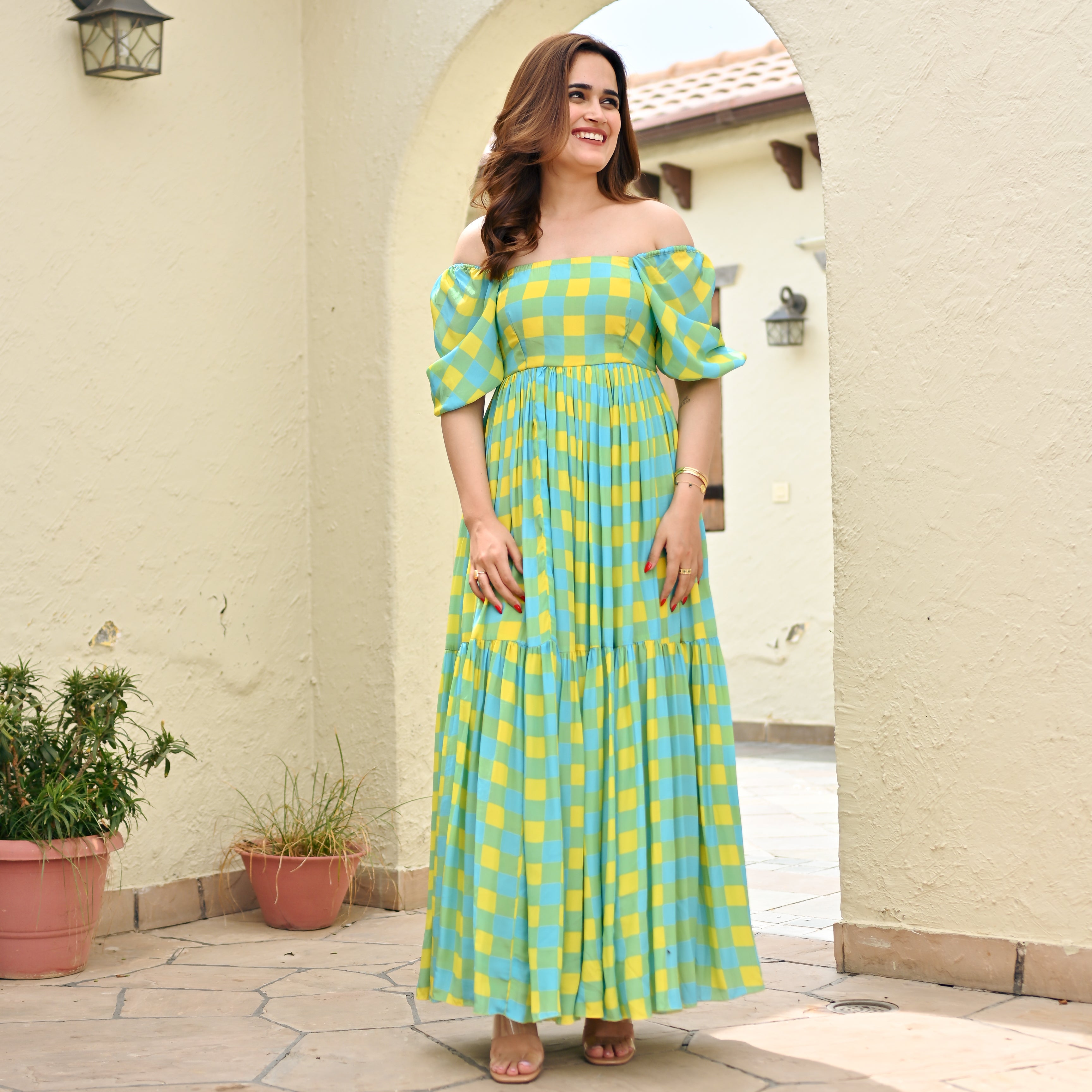 Checkered Flared Long Dress