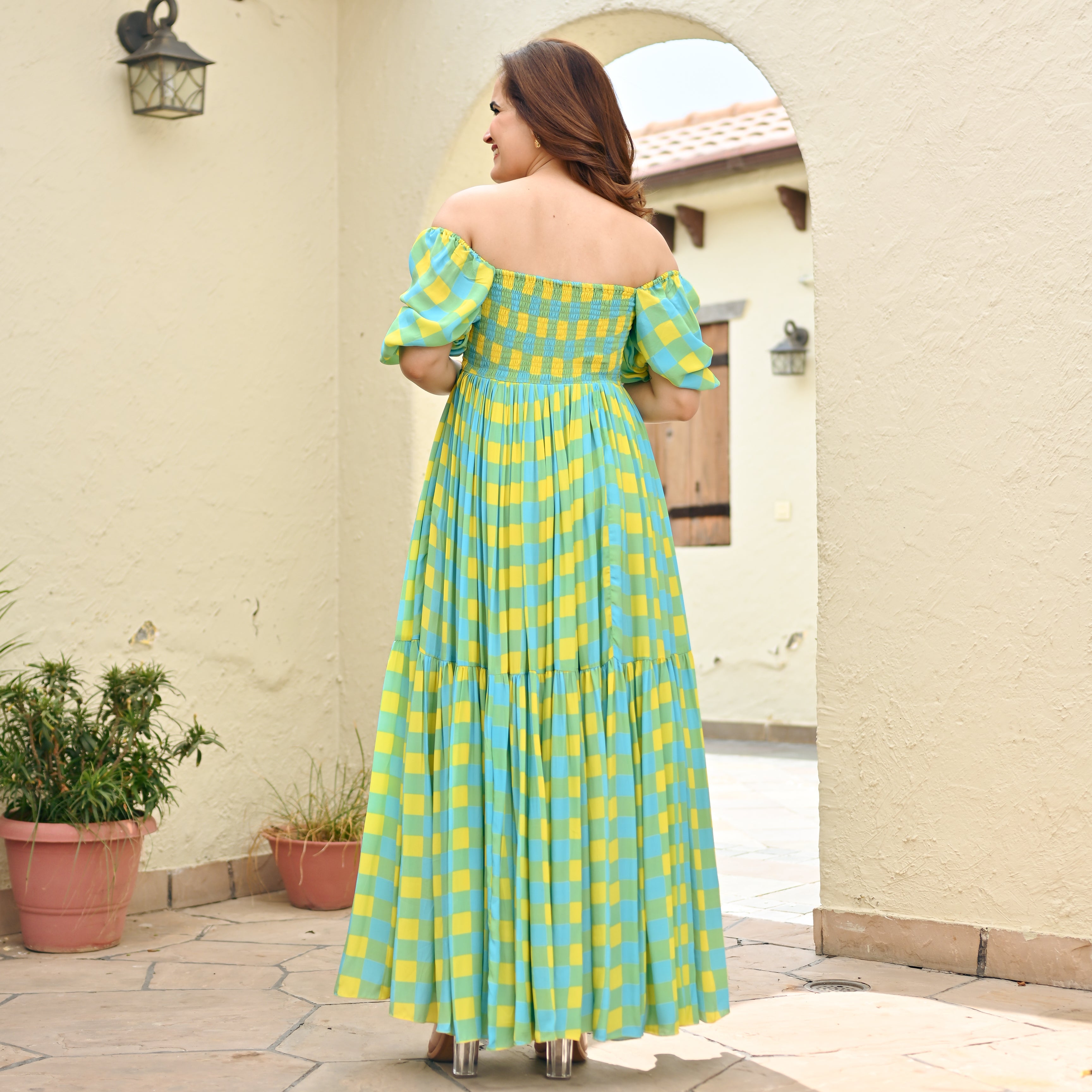 Checkered Flared Long Dress