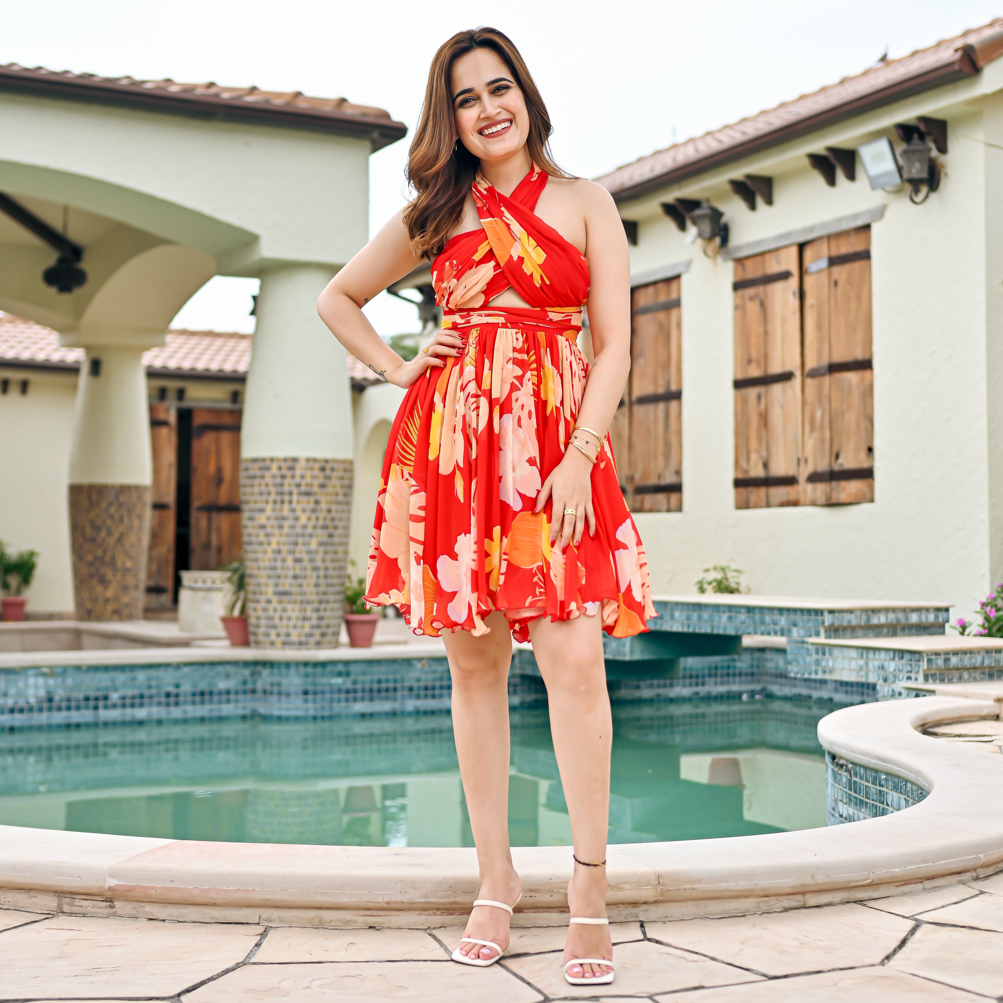 Red Floral Printed Georgette Dress for Women Online