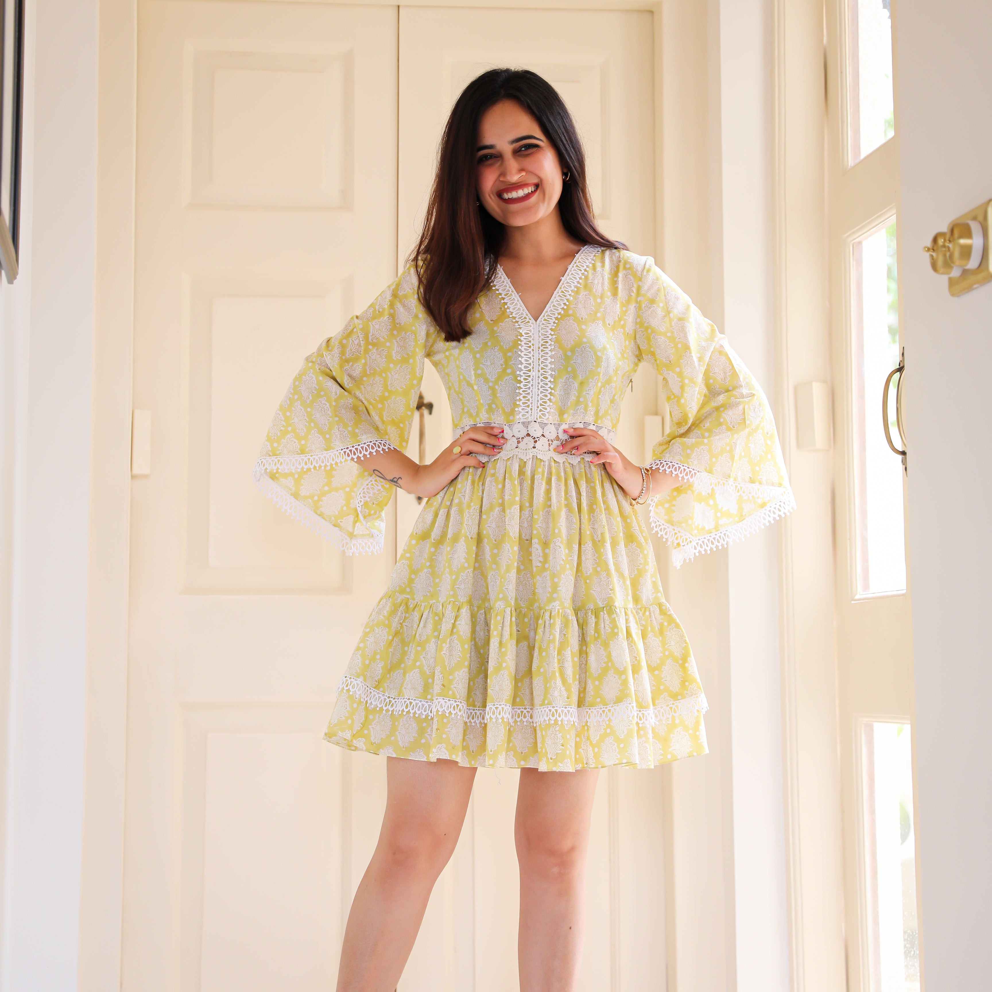 Cream Glod Cotton Stylish Short Dress For Women Online