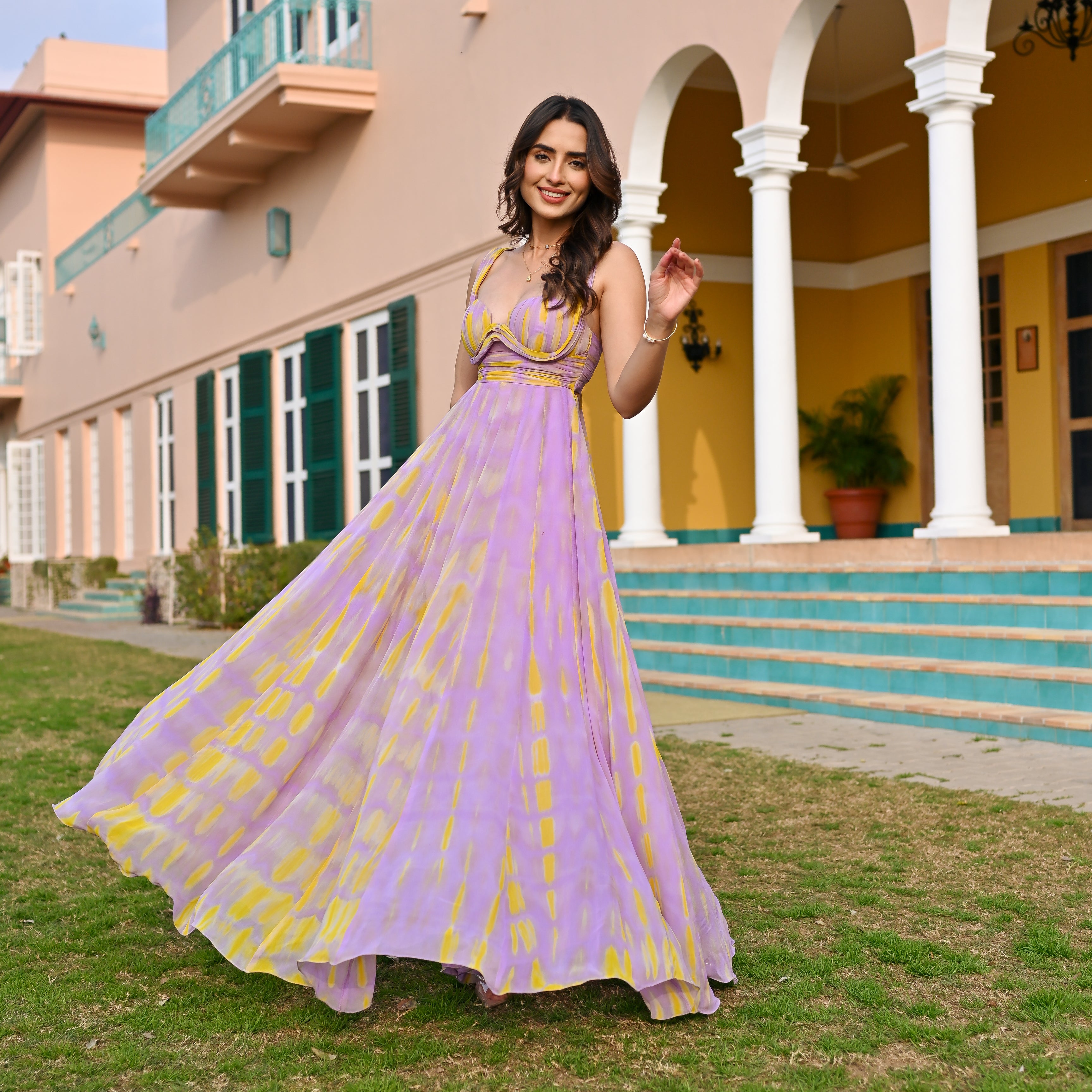Painted Skies Designer Georgette Ball Gown Dress For Women Online