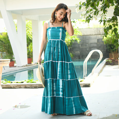 Tiered Teal Tie-Dye Dress