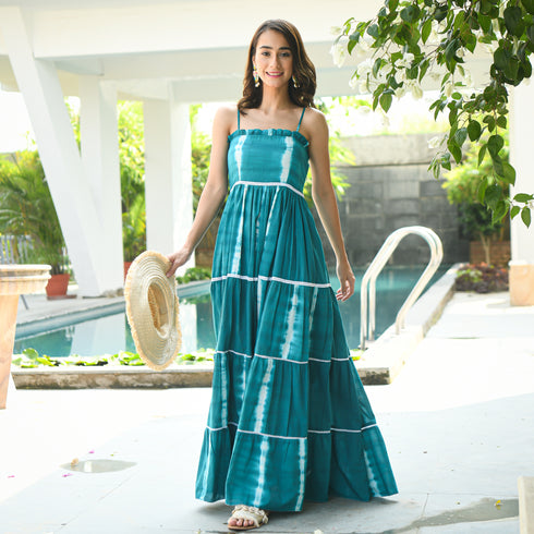 Tiered Teal Tie-Dye Dress
