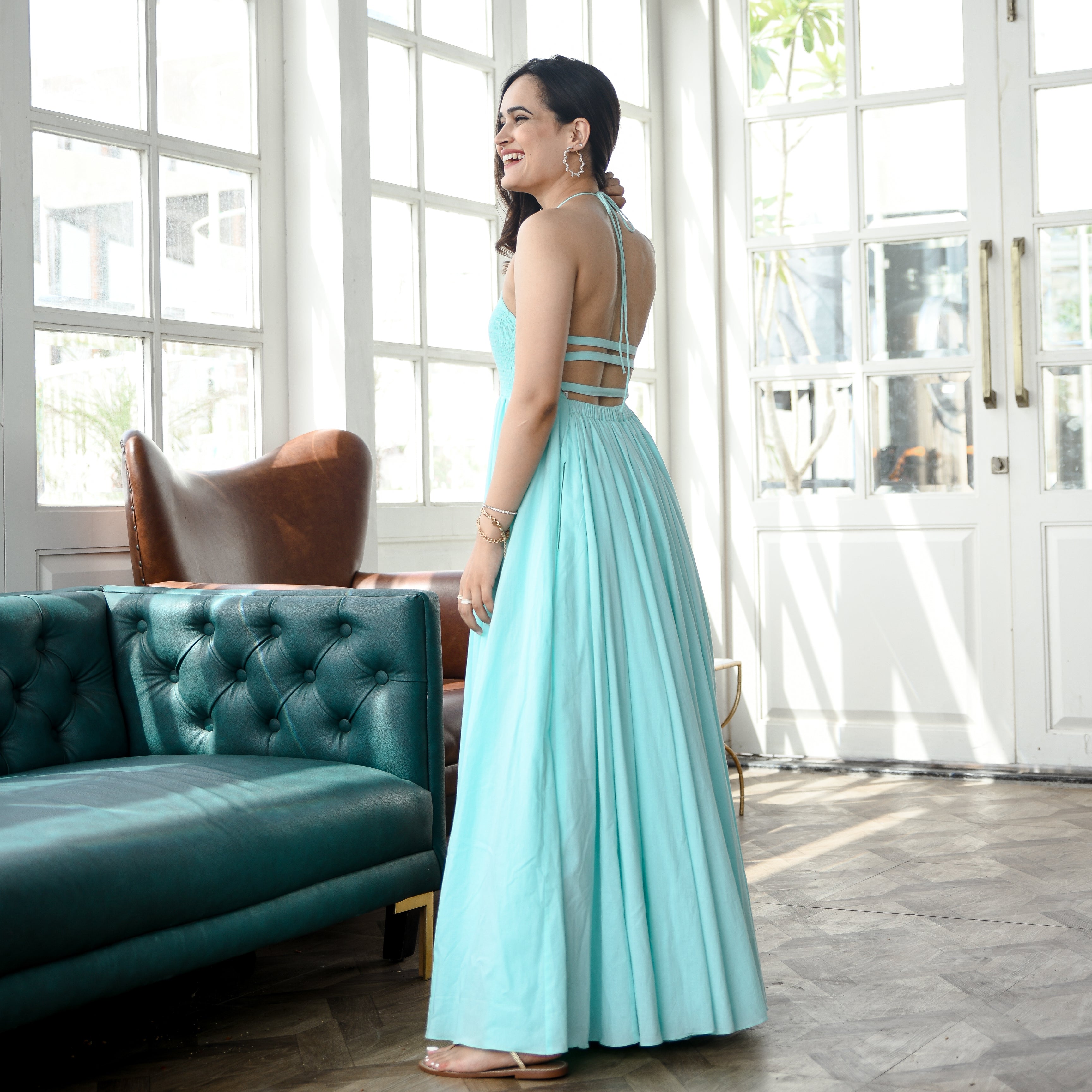 Cadet Blue Strappy Sleeves Backless Maxi Dress For Women Online