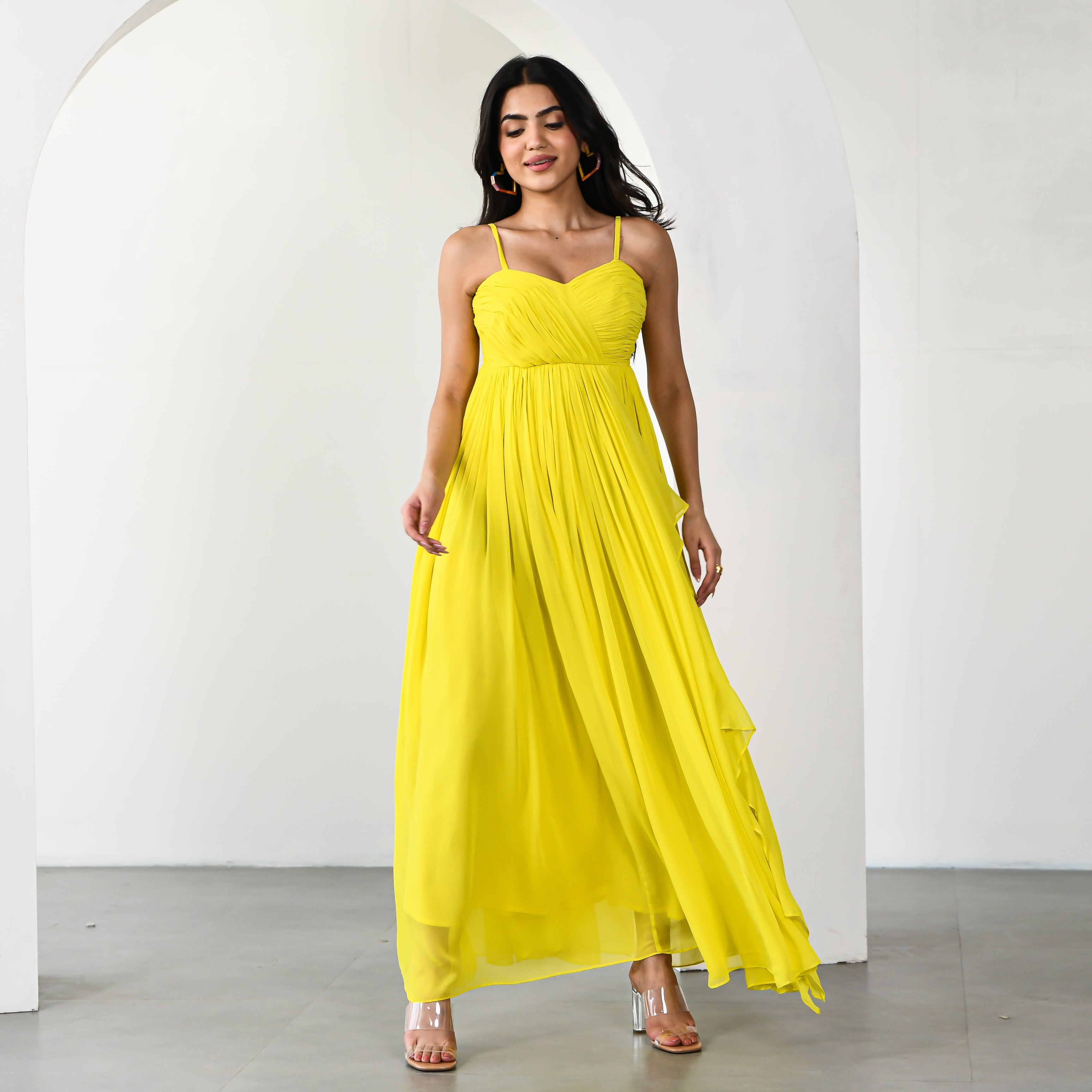Daffodil Dream Georgette Yellow Long Dress For Women Online – Ordinaree