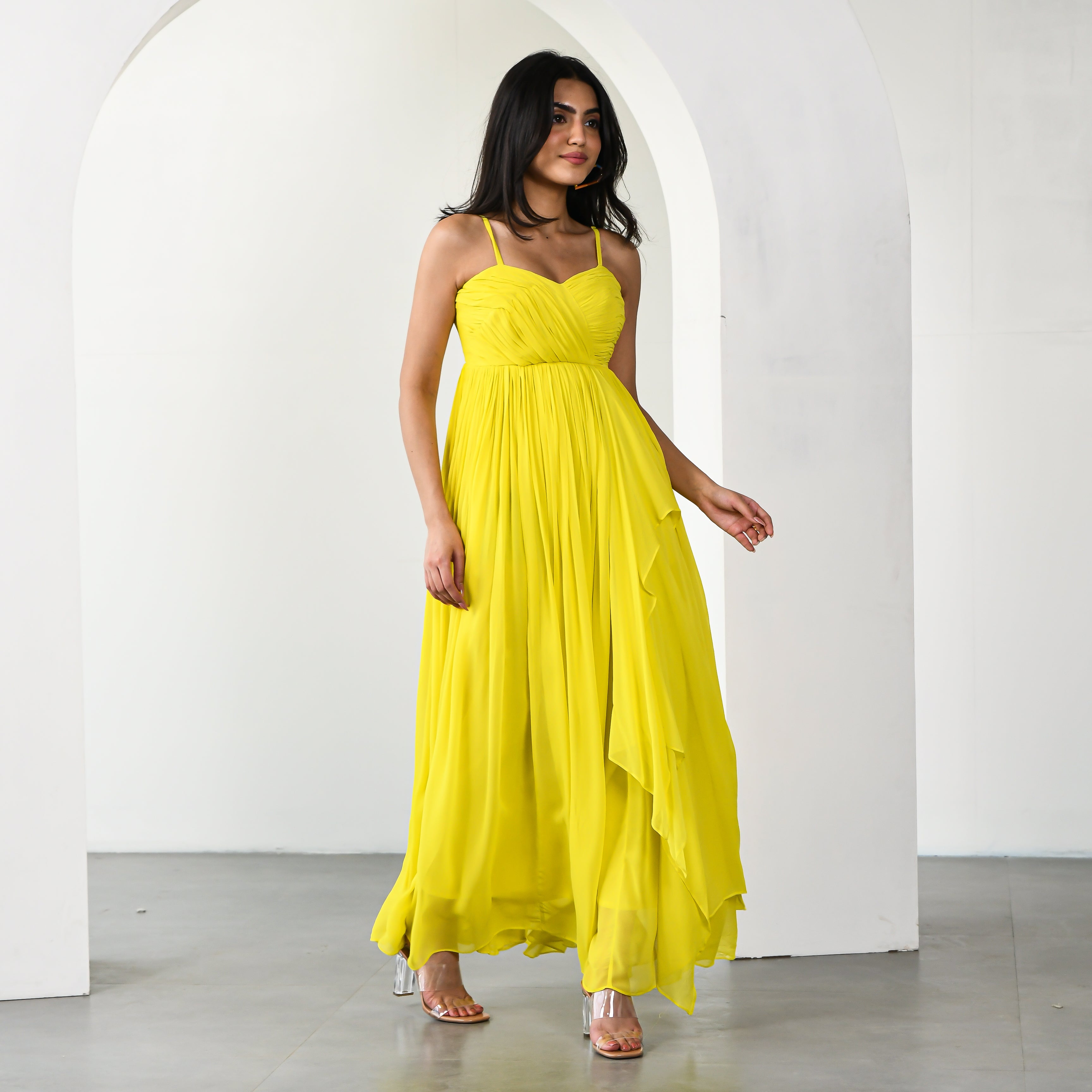 Daffodil Dream Georgette Yellow Long Dress For Women Online – Ordinaree