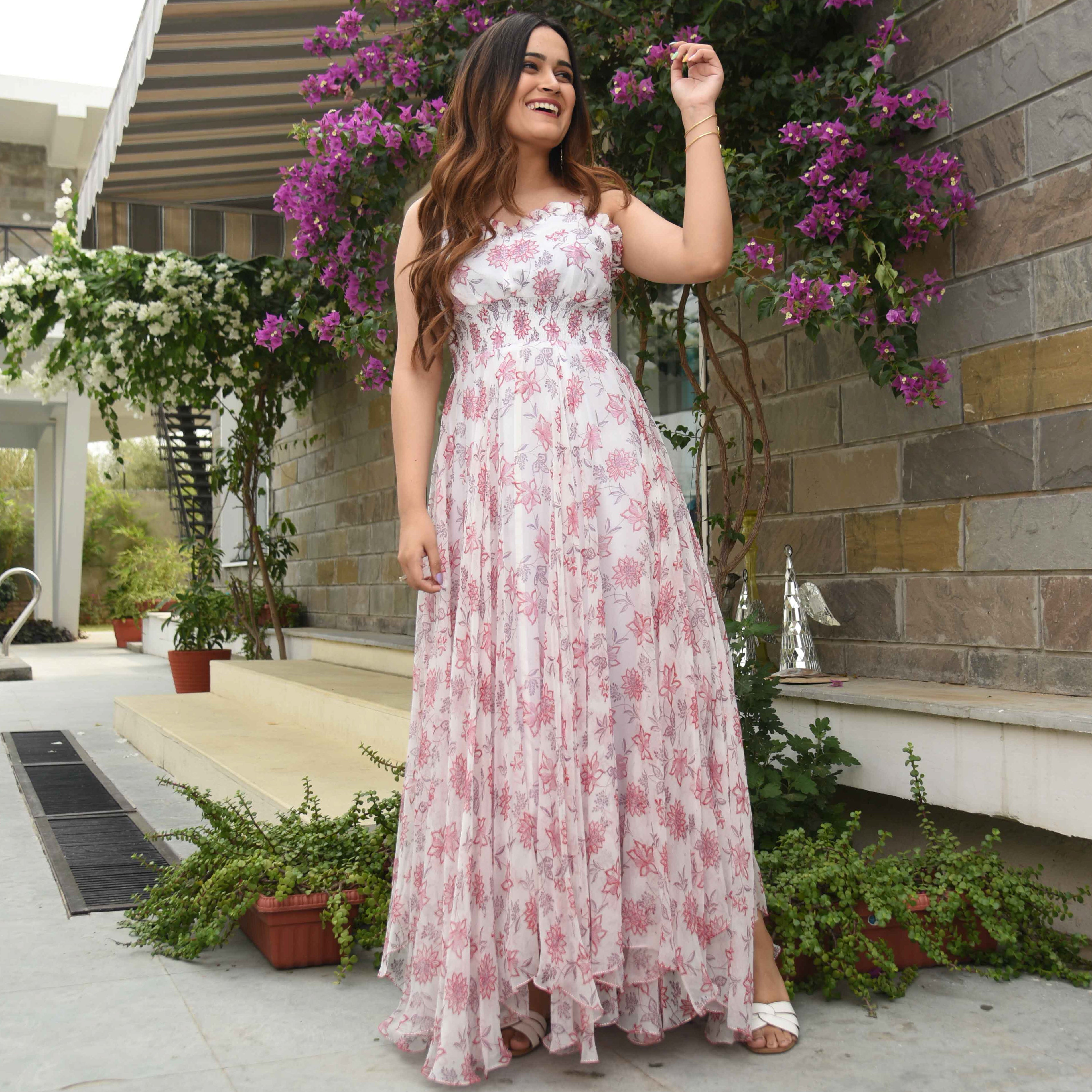 Pink Floral Designer Chiffon Dress For Women Online – Ordinaree