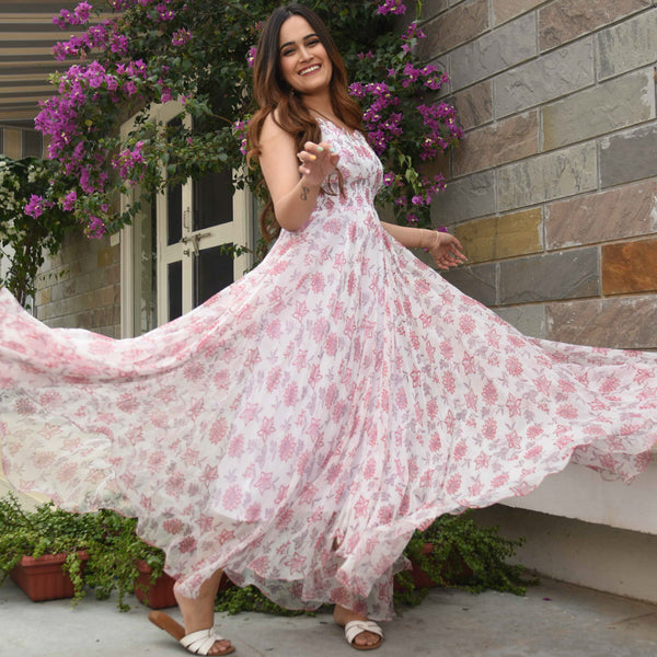 Pink Floral Chiffon Dress