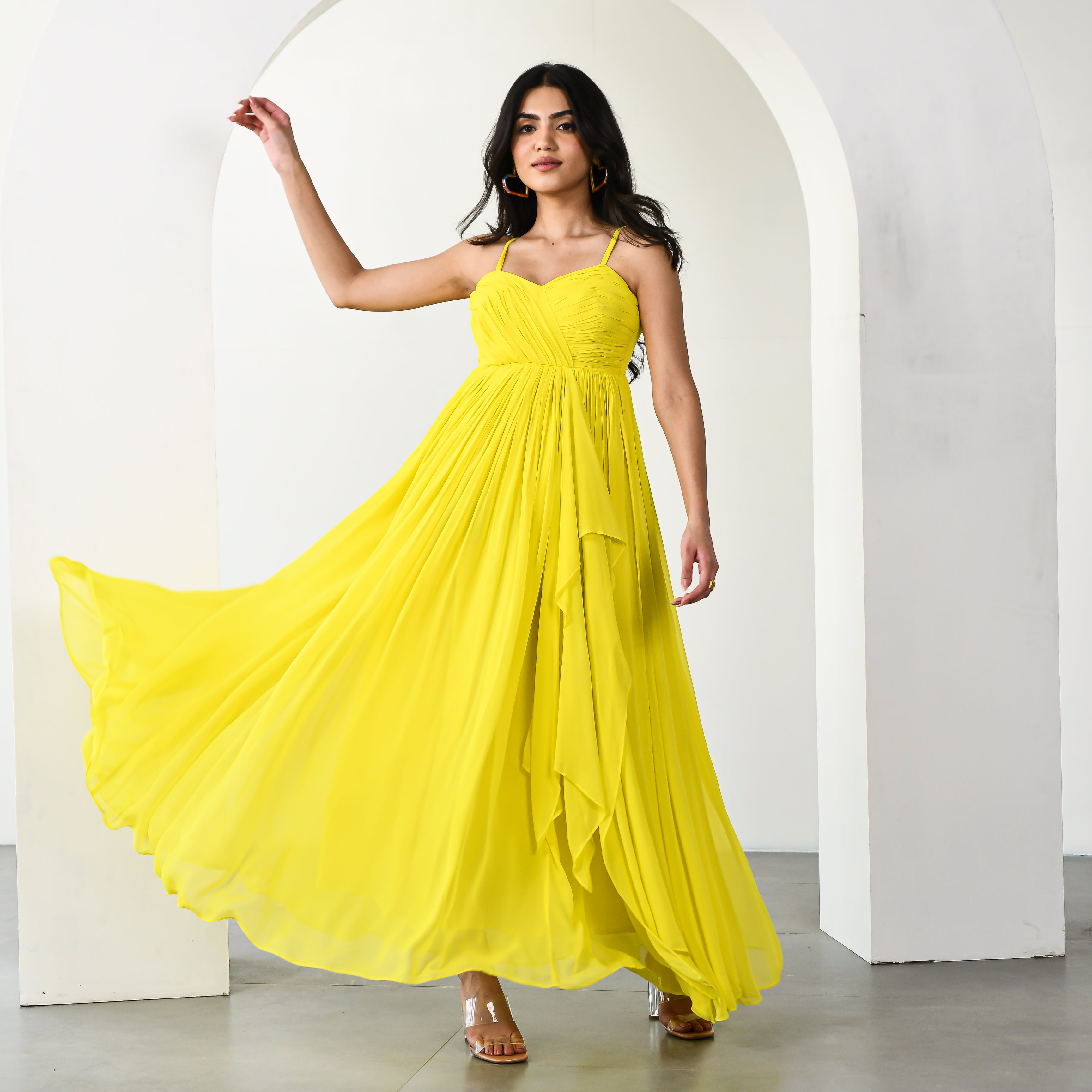 Daffodil Dream Georgette Yellow Long Dress For Women Online – Ordinaree
