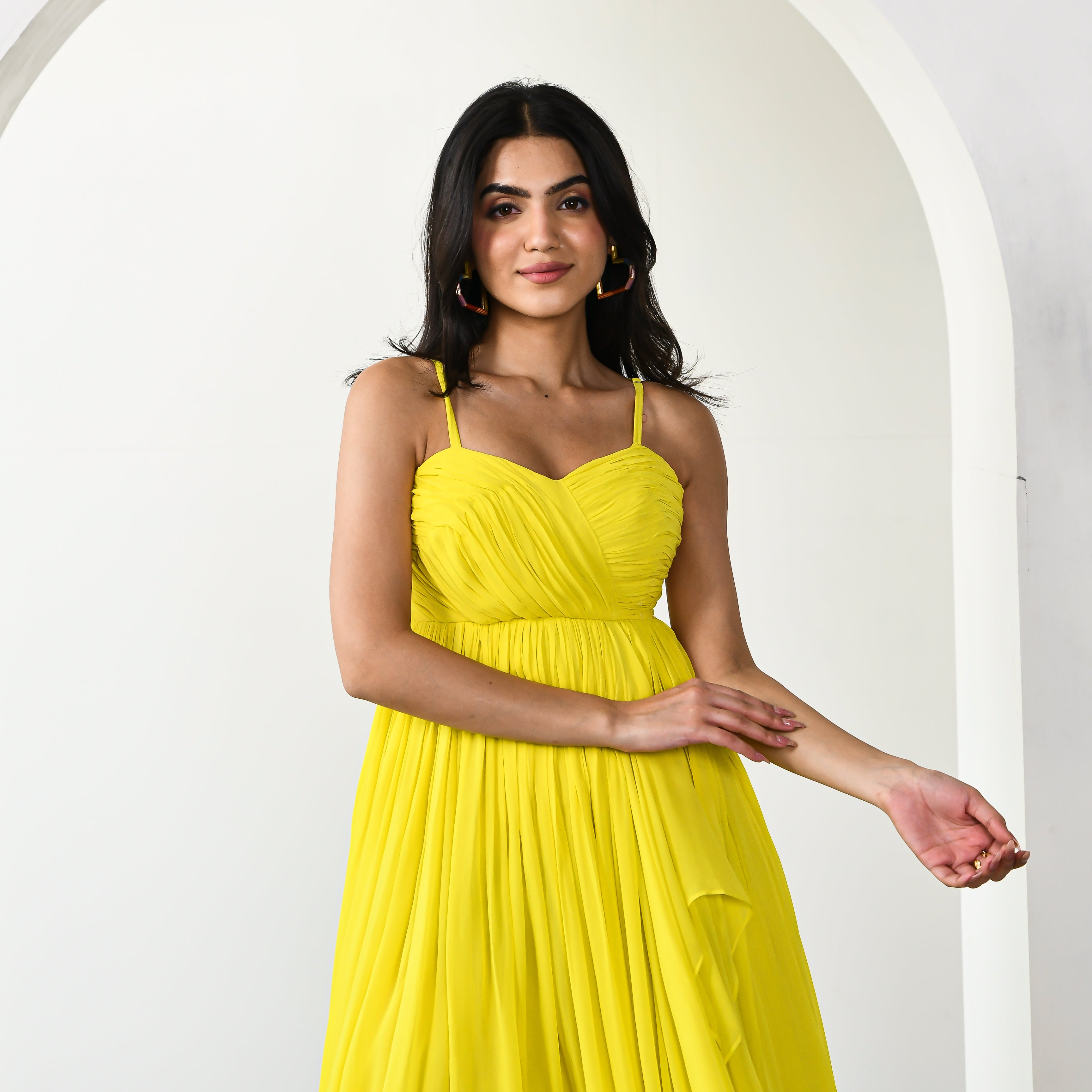 Daffodil Dream Georgette Yellow Long Dress For Women Online – Ordinaree