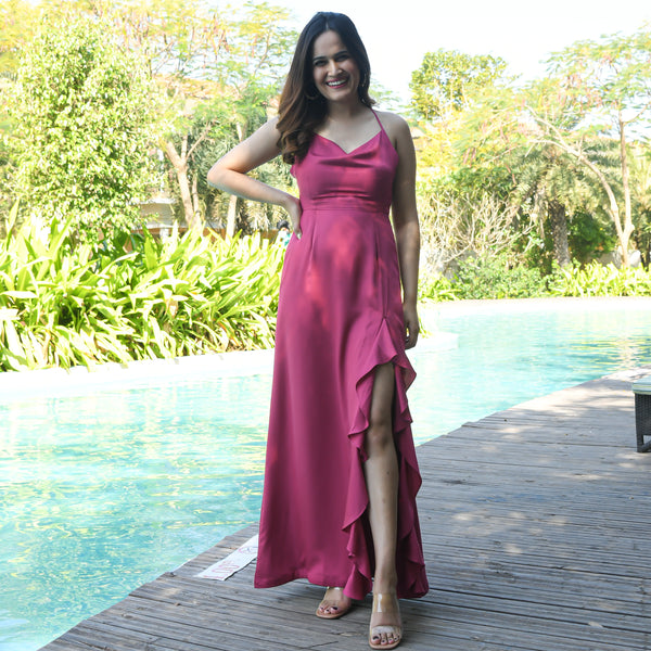 Roseate Satin Slit Dress
