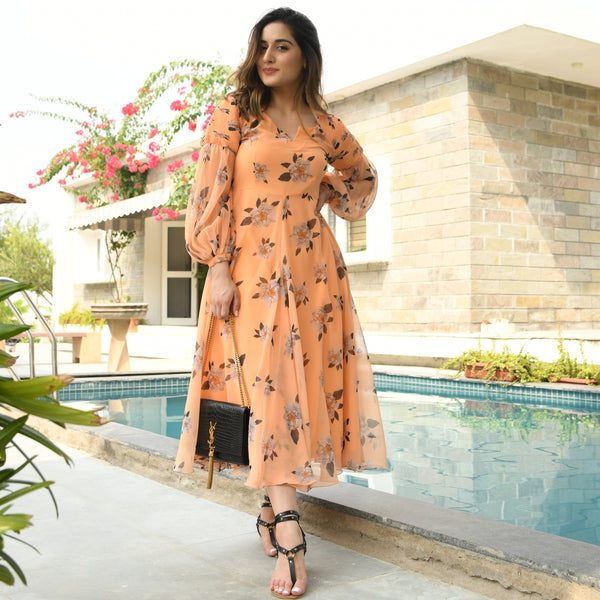 Georgette Orange Floral Dress