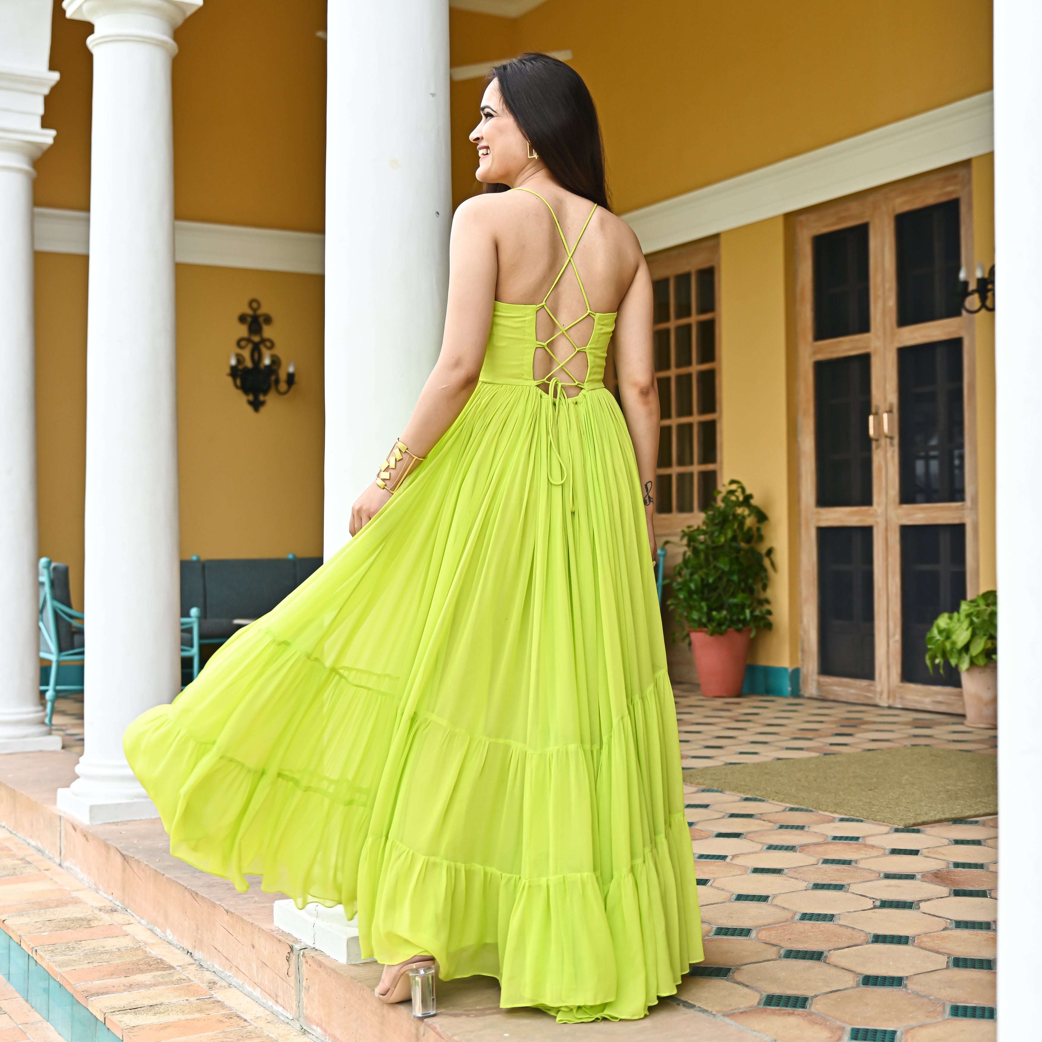 Slime Green Designer Georgette Backless Dress For Women Online – Ordinaree