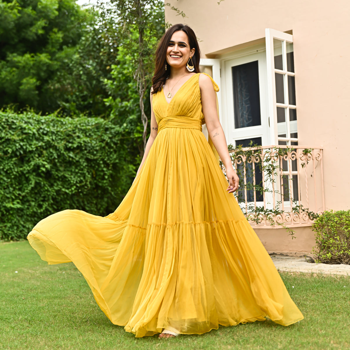 Spicy Mustard Yellow Designer Chiffon Long Dress For Women Online ...