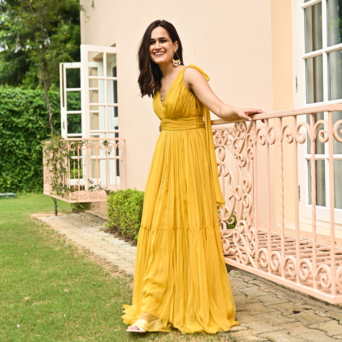 Spicy Mustard Yellow Designer Chiffon Long Dress For Women Online
