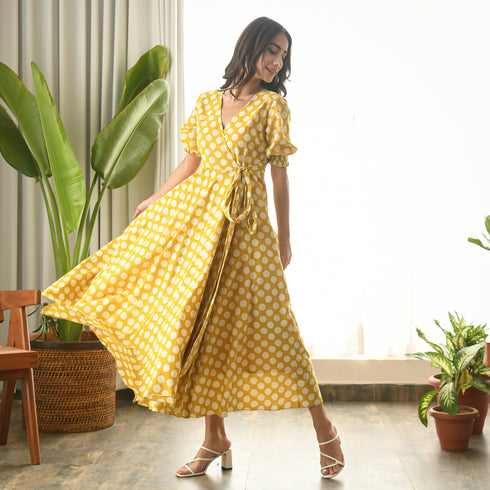 Ochre Polka Wrap Dress