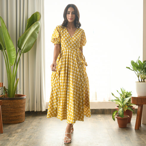Ochre Polka Wrap Dress