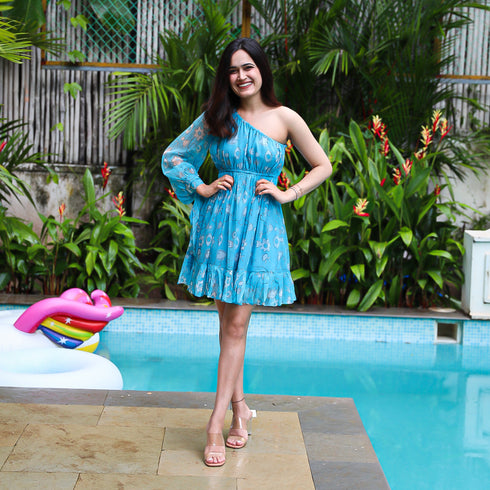 Cyan Blue Off Shoulder Dress