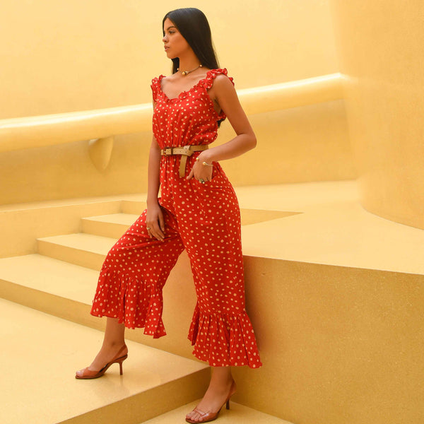 Tomato Beige Polka Cotton Jumpsuit
