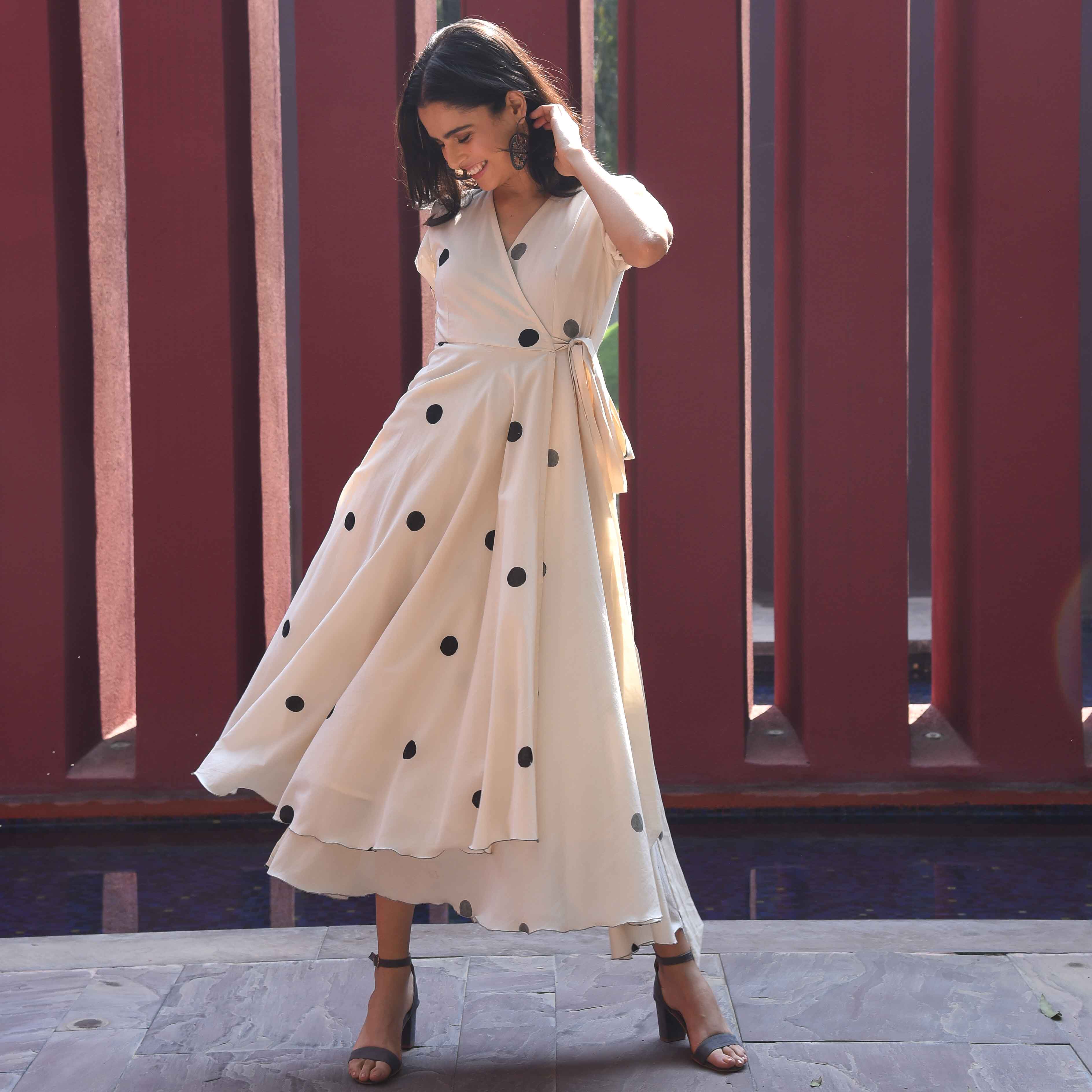 Vanilla Bean Designer Polka Dot Wrap Dress For Women Online